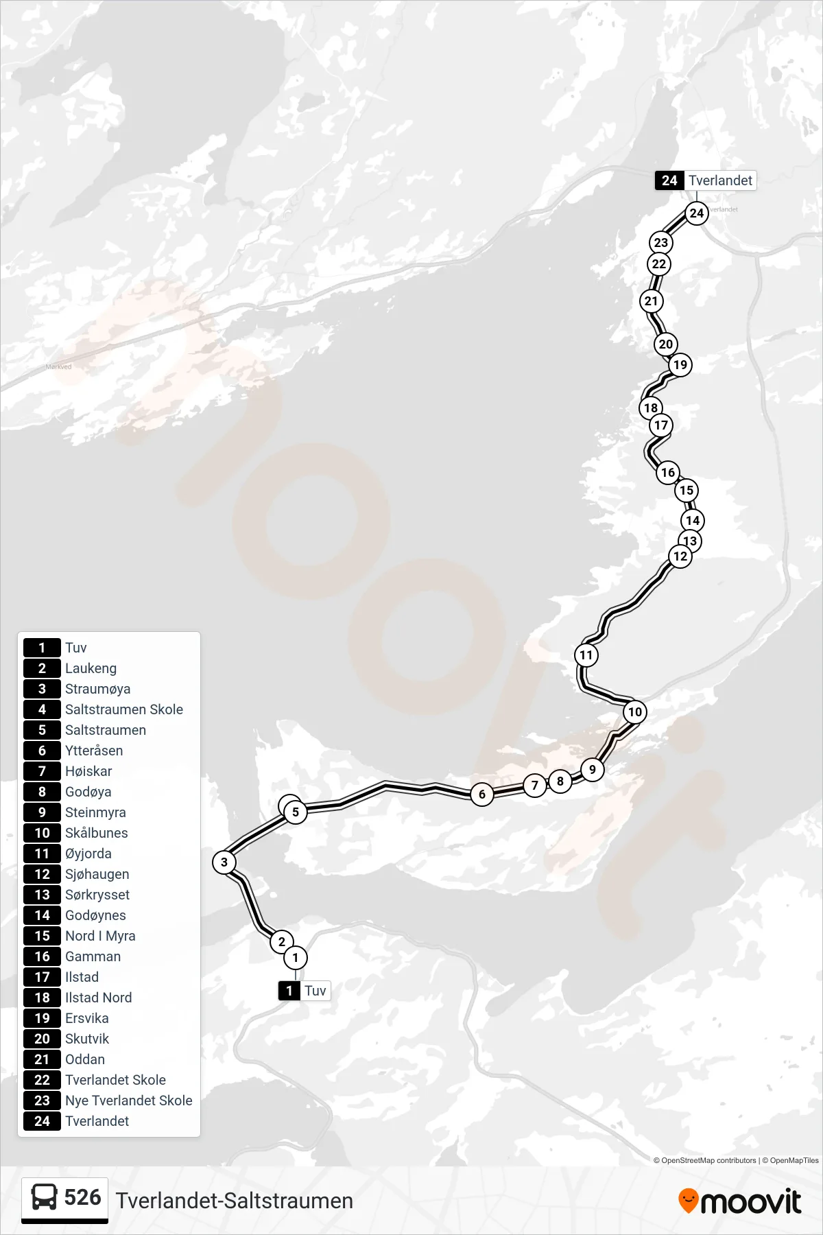 526 bus Line (Tverlandet) route and stops on a map