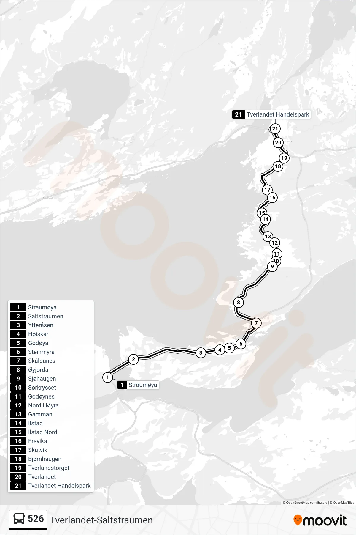 526 bus Line (Tverlandet Handelspark) route and stops on a map