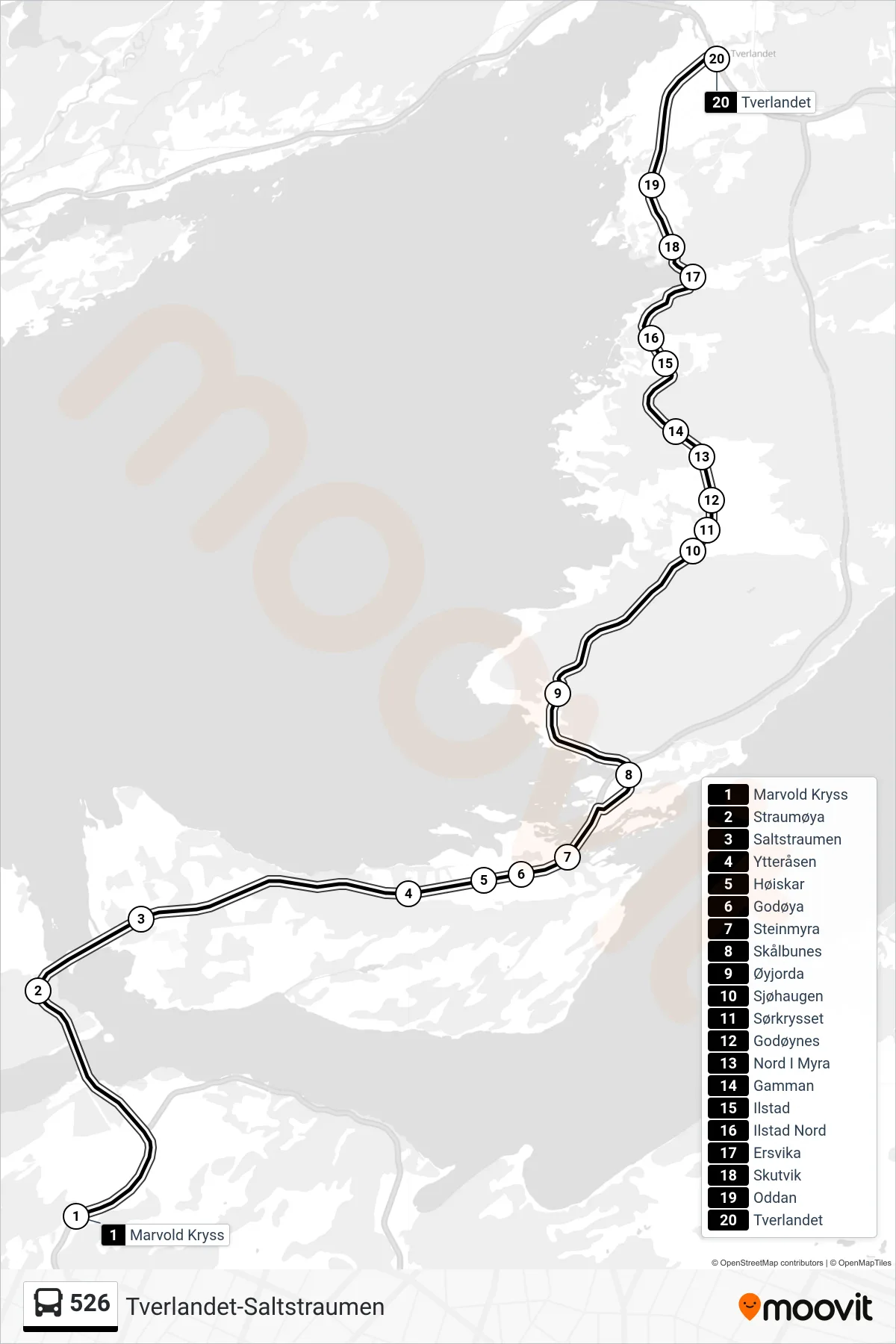 526 bus Line (Tverlandet Rv. 80) route and stops on a map