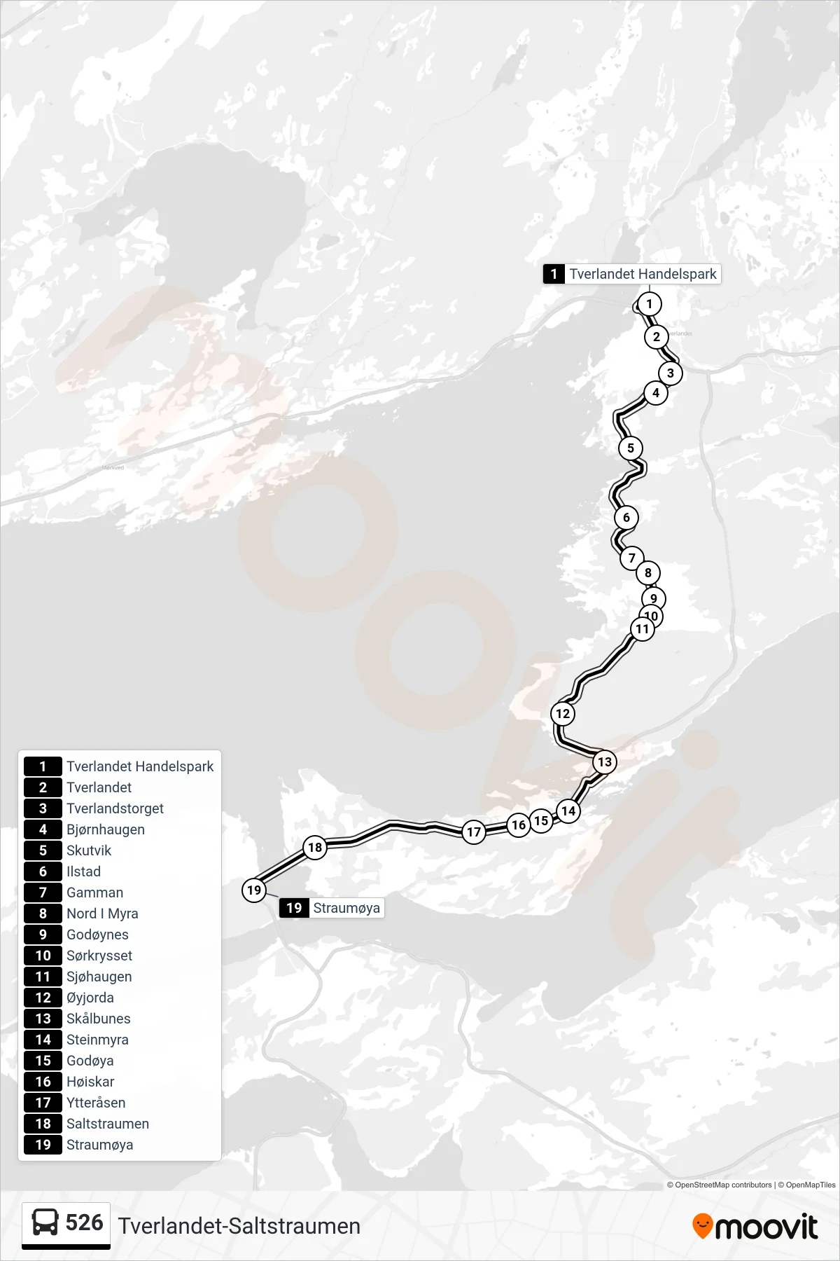 Rute og stopp på kart for linje 526 buss, Straumøya)