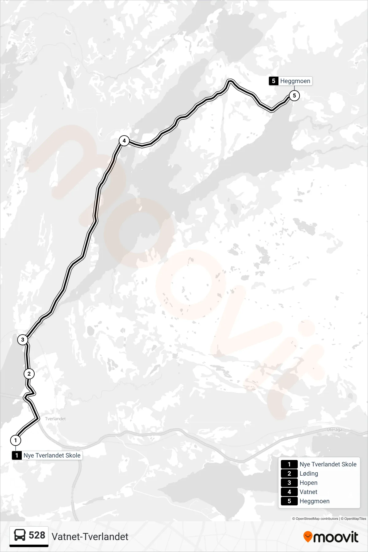 Rute og stopp på kart for linje 528 buss, Heggmoen)