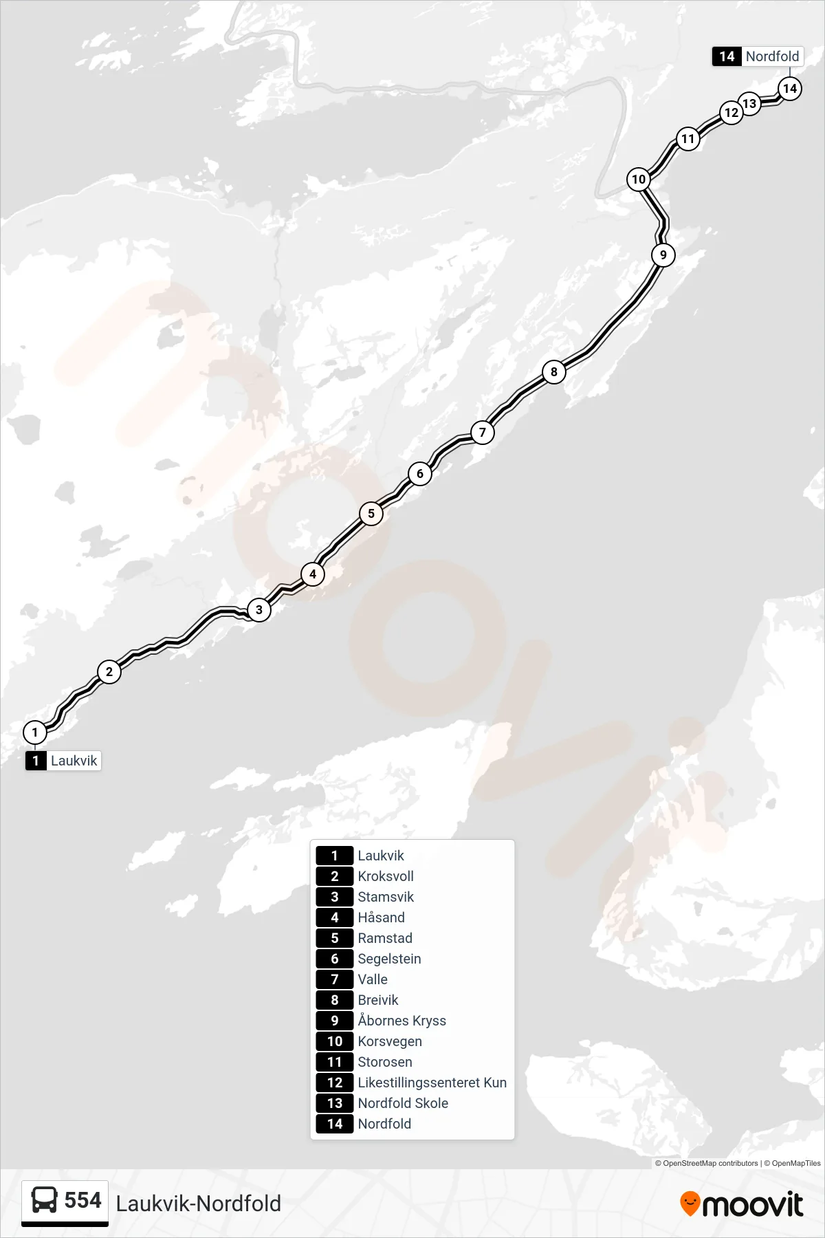 554 bus Line (Nordfold) route and stops on a map