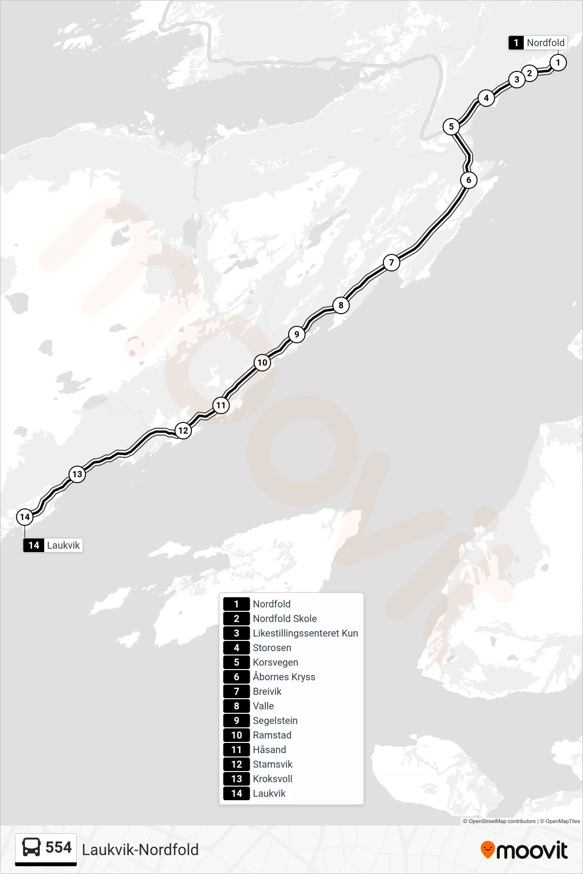 Rute og stopp på kart for linje 554 buss, Laukvik)