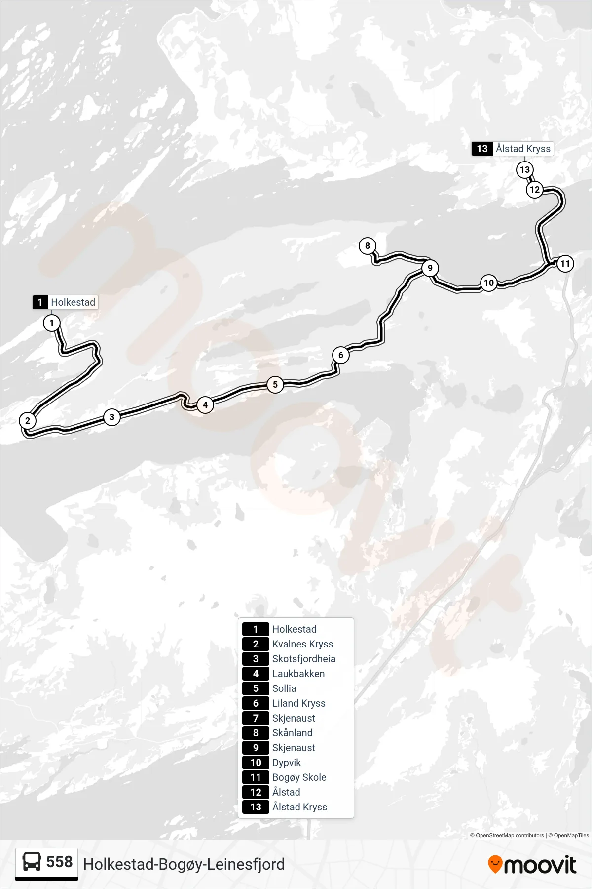 Rute og stopp på kart for linje 558 buss, Laskestad Skole)