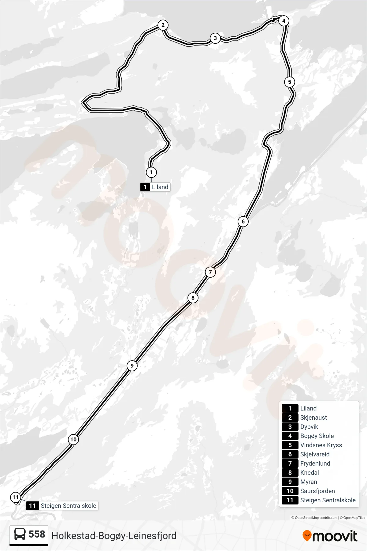 558 bus Line (Steigen Sentralskole) route and stops on a map