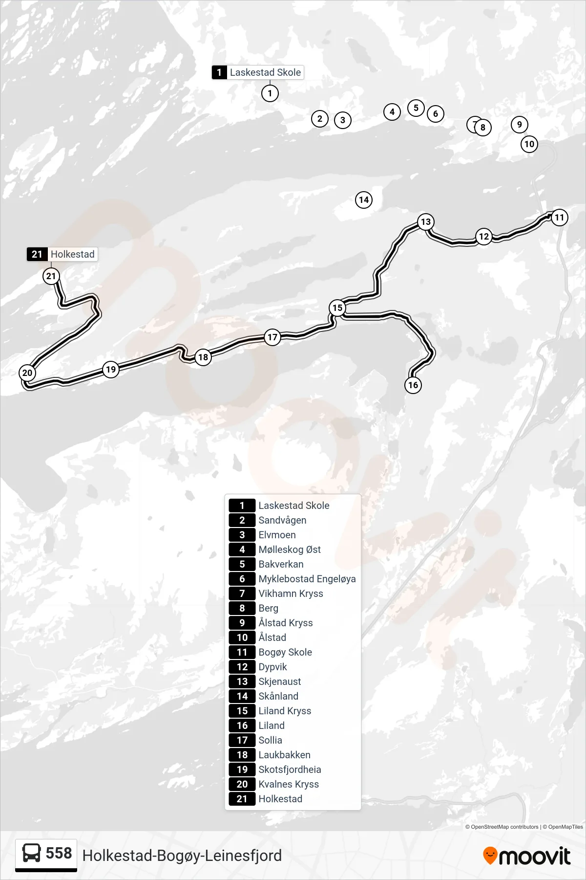 558 bus Line (Holkestad) route and stops on a map