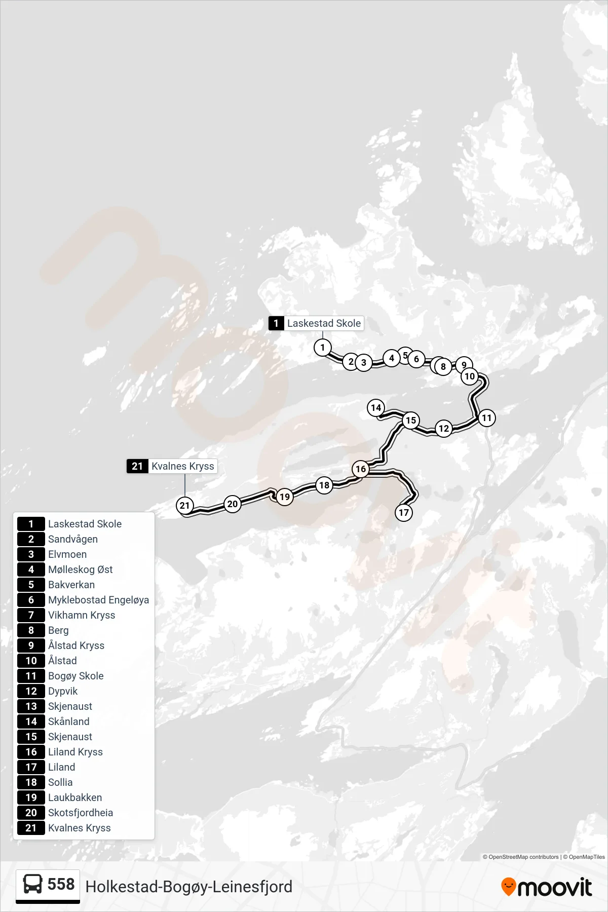 558 bus Line (Kvalnes Kryss) route and stops on a map