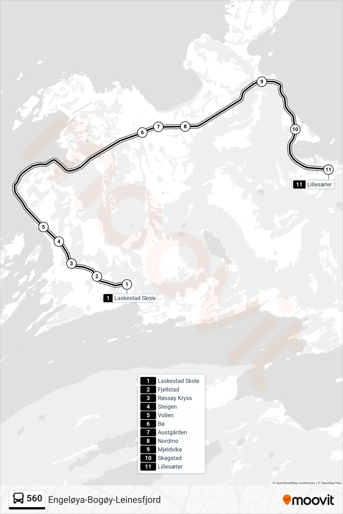 560 bus Line (Lillesæter) route and stops on a map