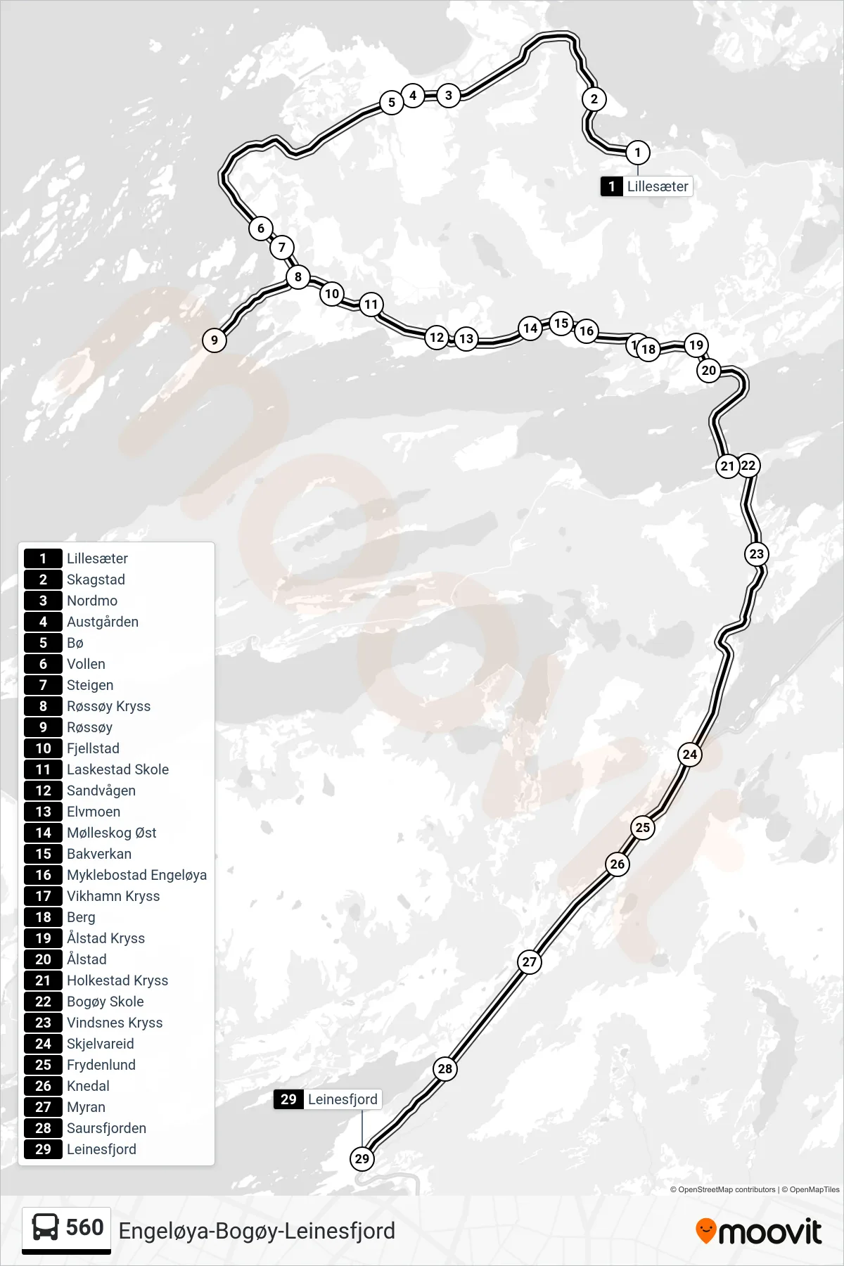 560 bus Line (Leinesfjord) route and stops on a map