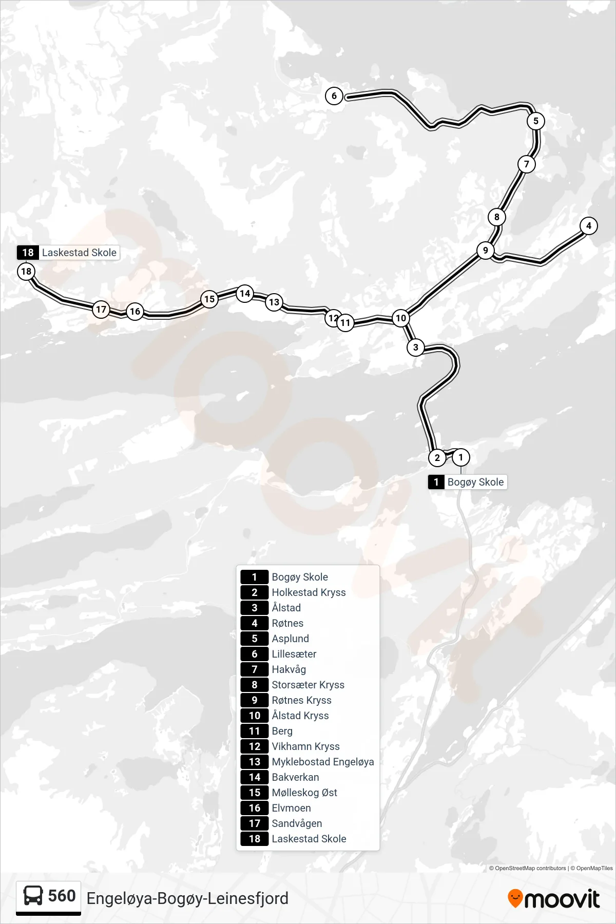 560 bus Line (Laskestad Skole) route and stops on a map
