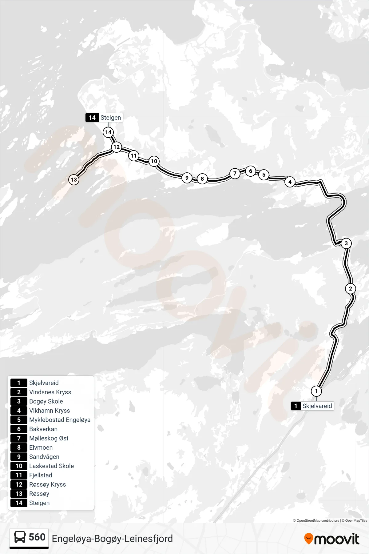 560 bus Line (Steigen) route and stops on a map