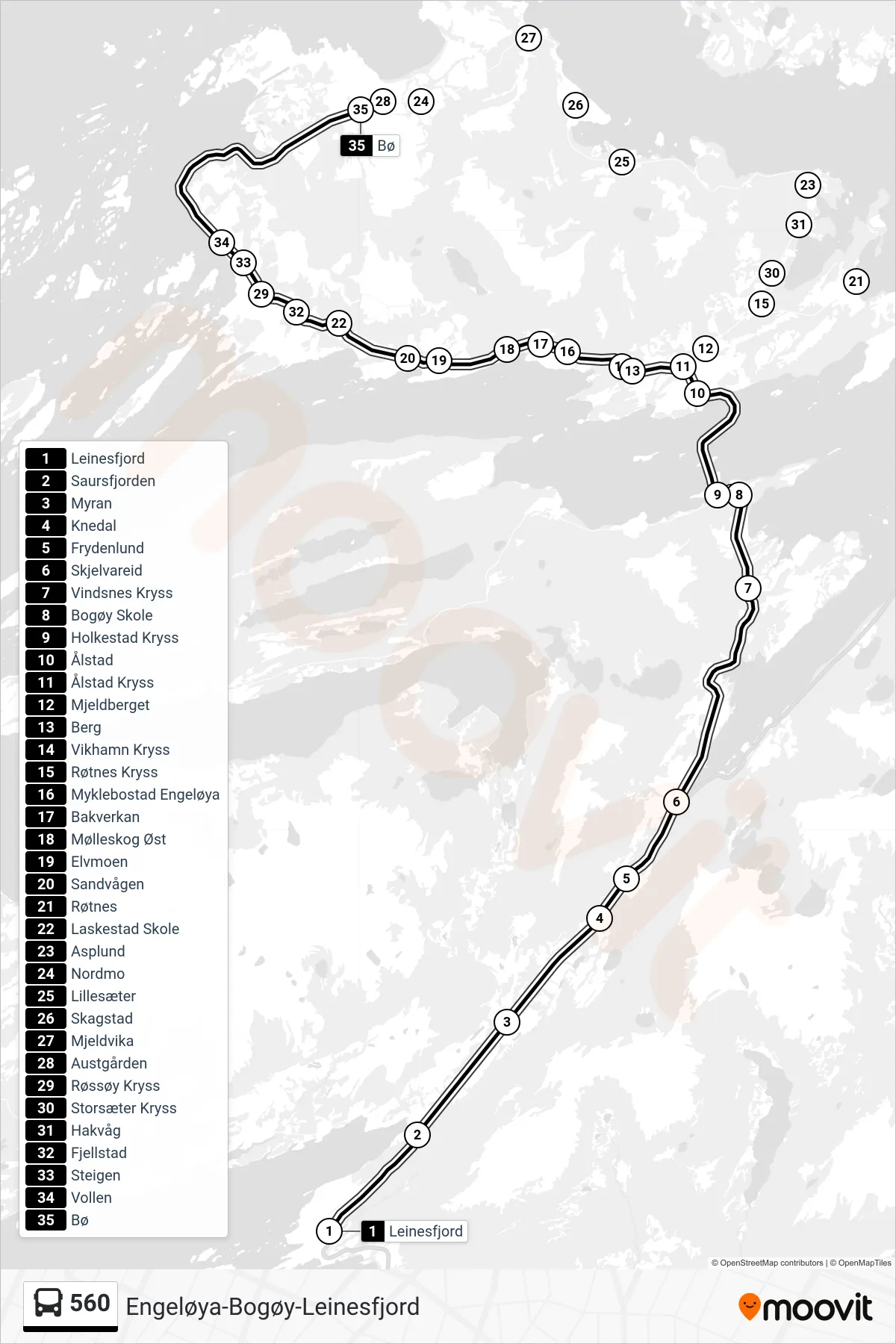 560 bus Line (Bø) route and stops on a map
