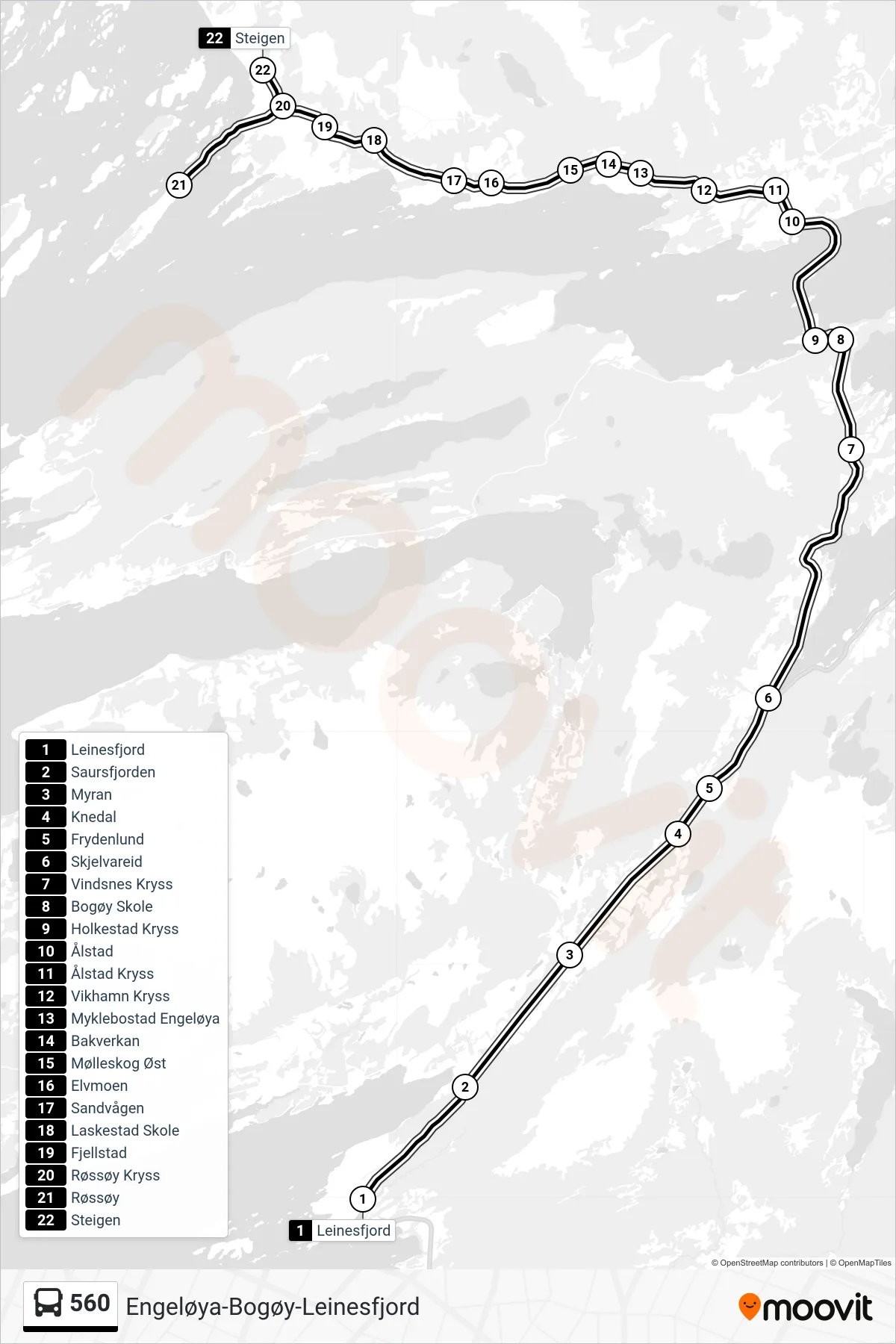 560 bus Line (Bogøy - Engeløya) route and stops on a map