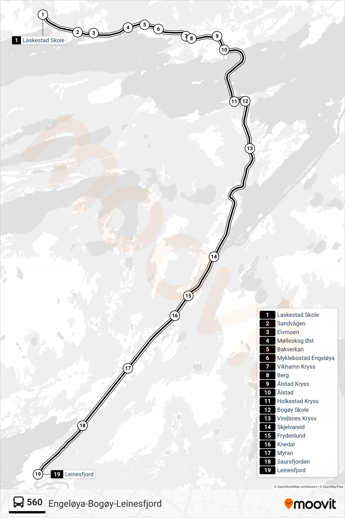 560 bus Line (Leinesfjord Via Bogøy) route and stops on a map