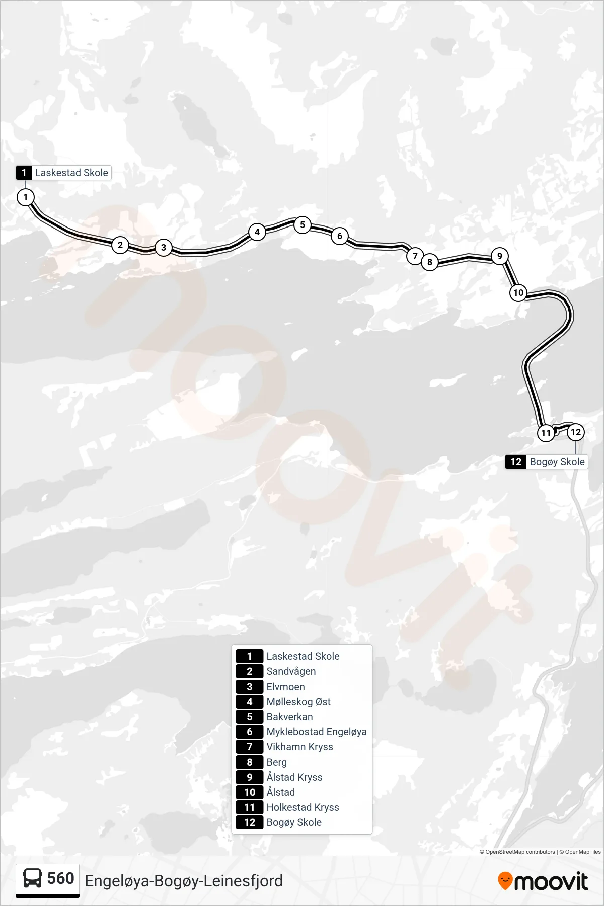 560 bus Line (Bogøy) route and stops on a map
