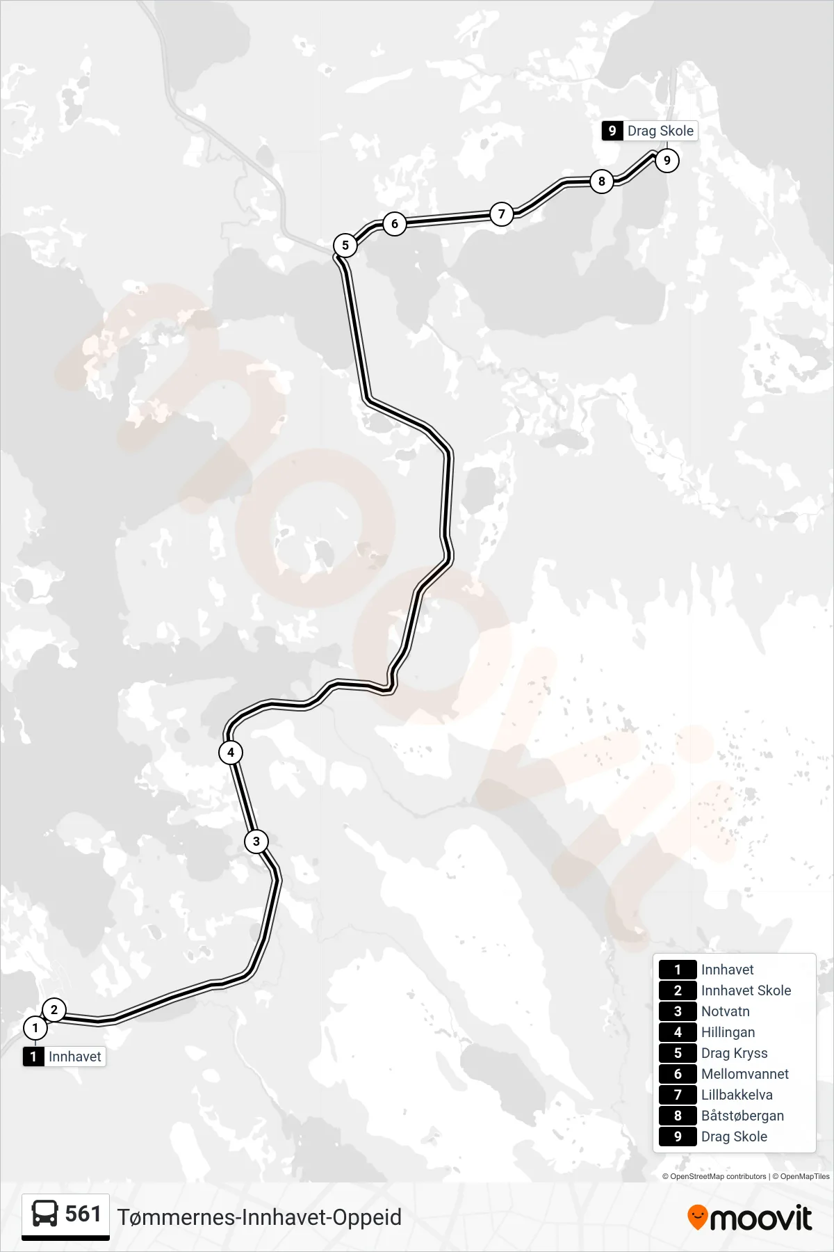 561 bus Line (Drag Skole) route and stops on a map