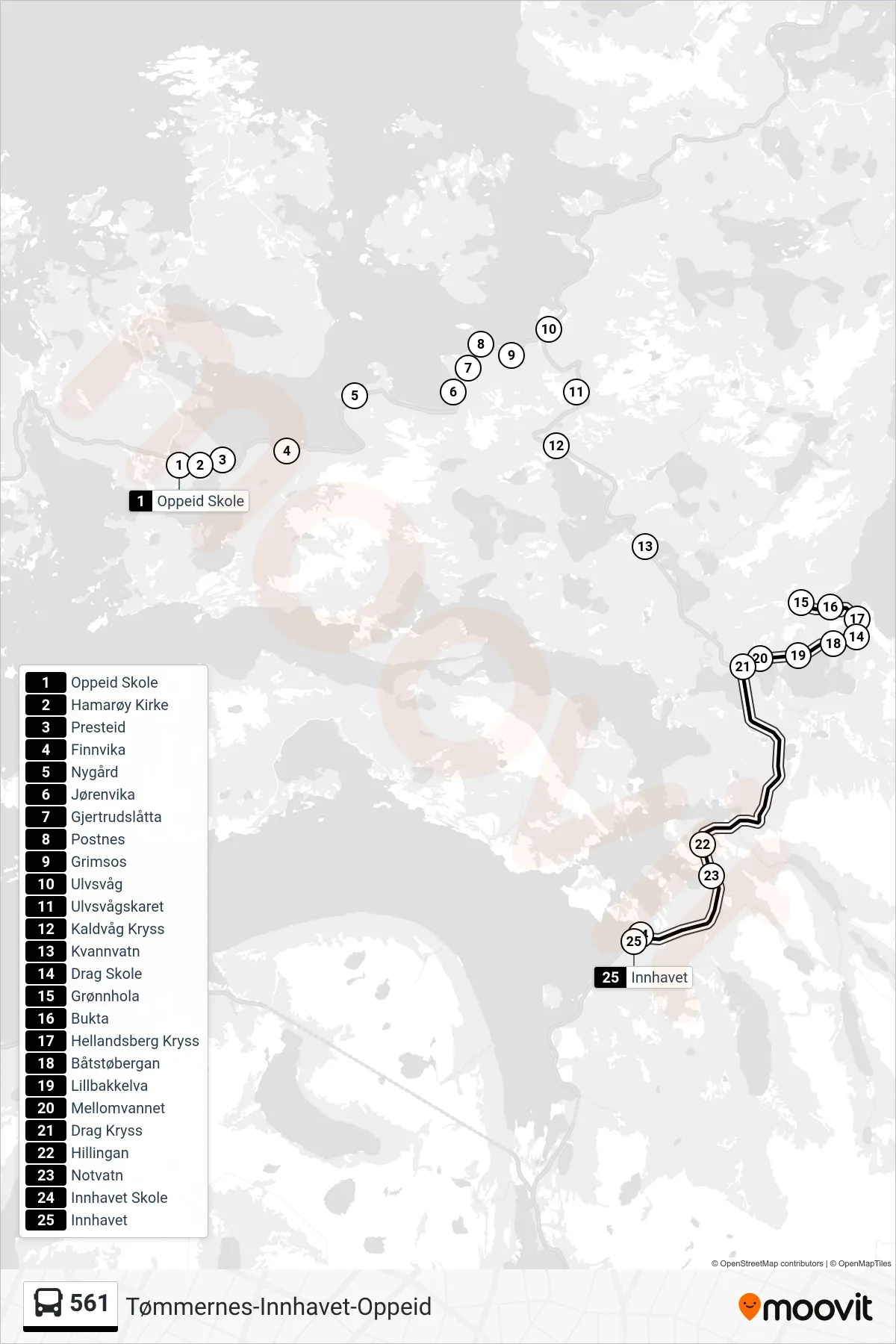 561 bus Line (Innhavet) route and stops on a map