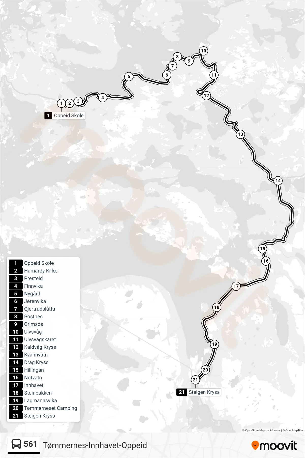 561 bus Line (Steigen Kryss) route and stops on a map