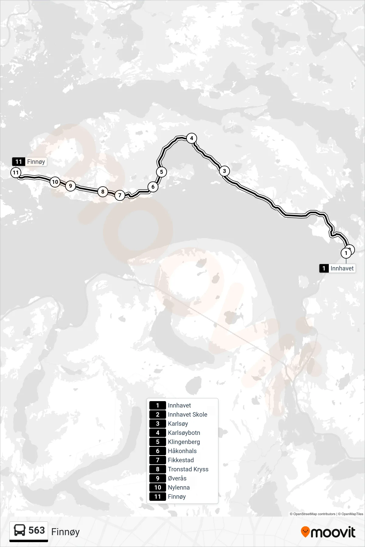563 bus Line (Finnøy) route and stops on a map