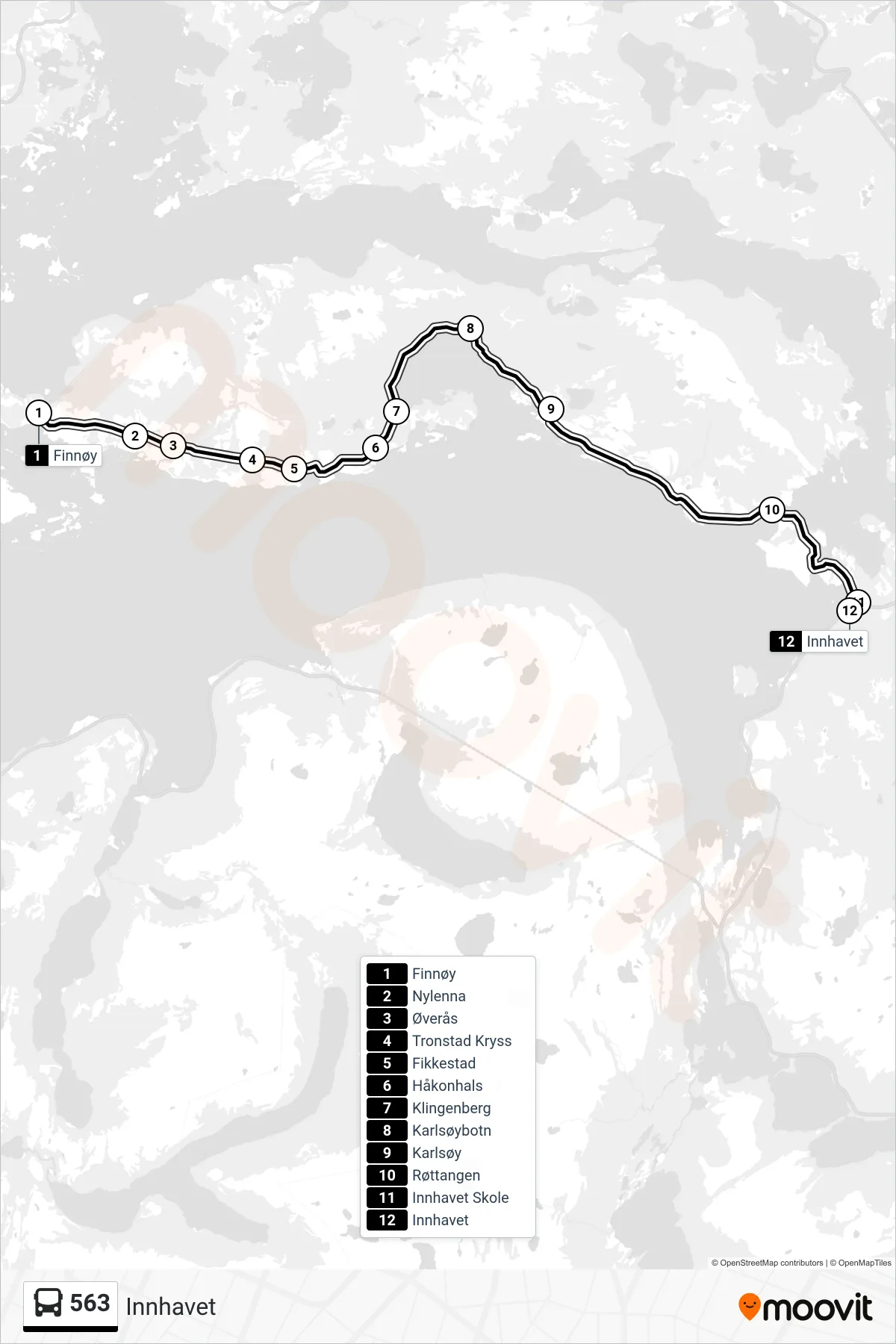 563 bus Line (Innhavet) route and stops on a map