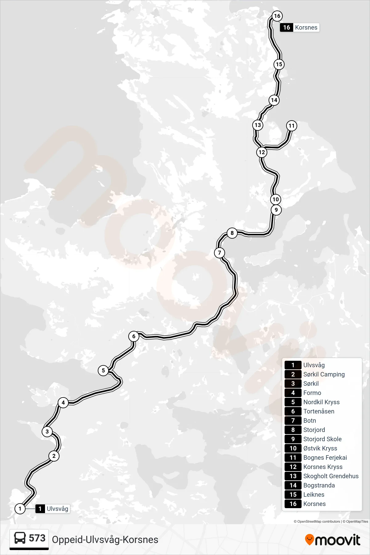 573 bus Line (Korsnes) route and stops on a map