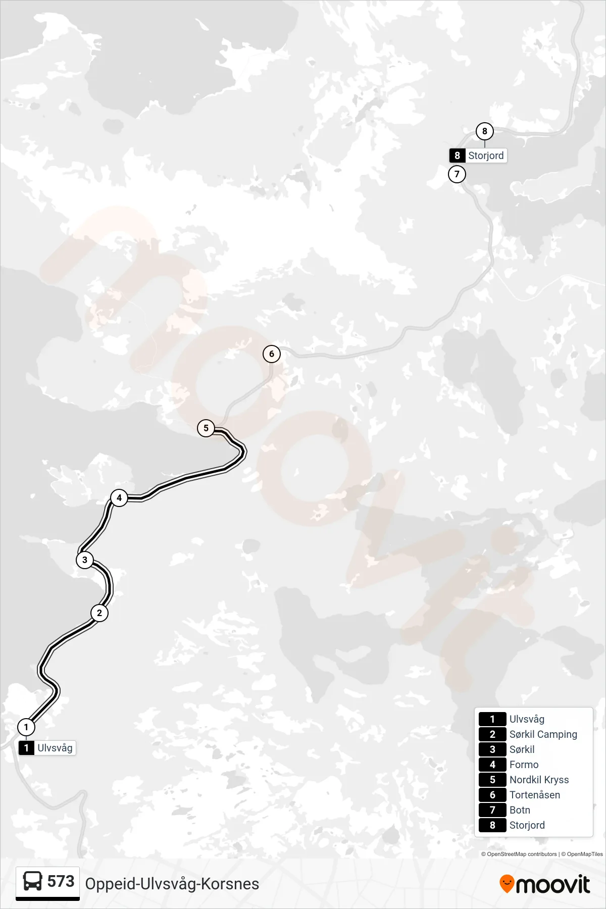 573 bus Line (Nordkil Kryss) route and stops on a map