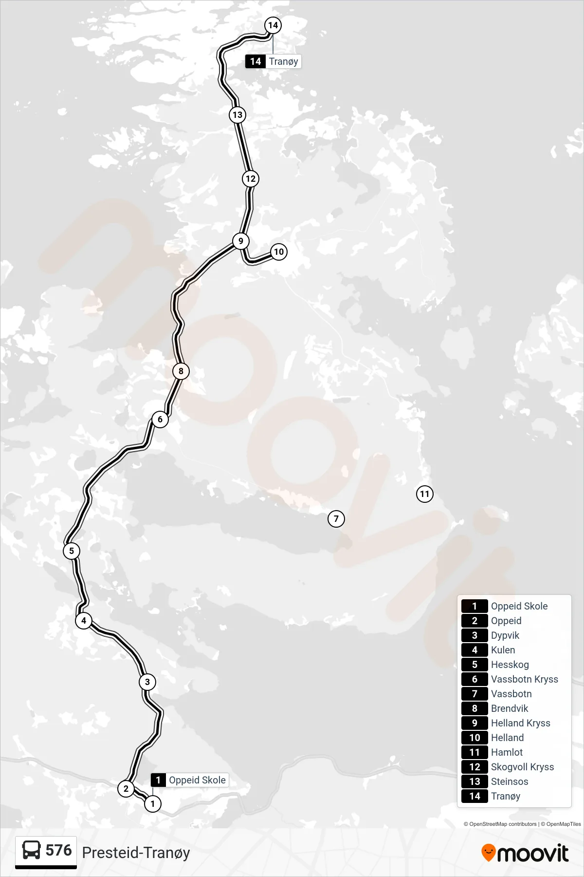 Rute og stopp på kart for linje 576 buss, Tranøy)