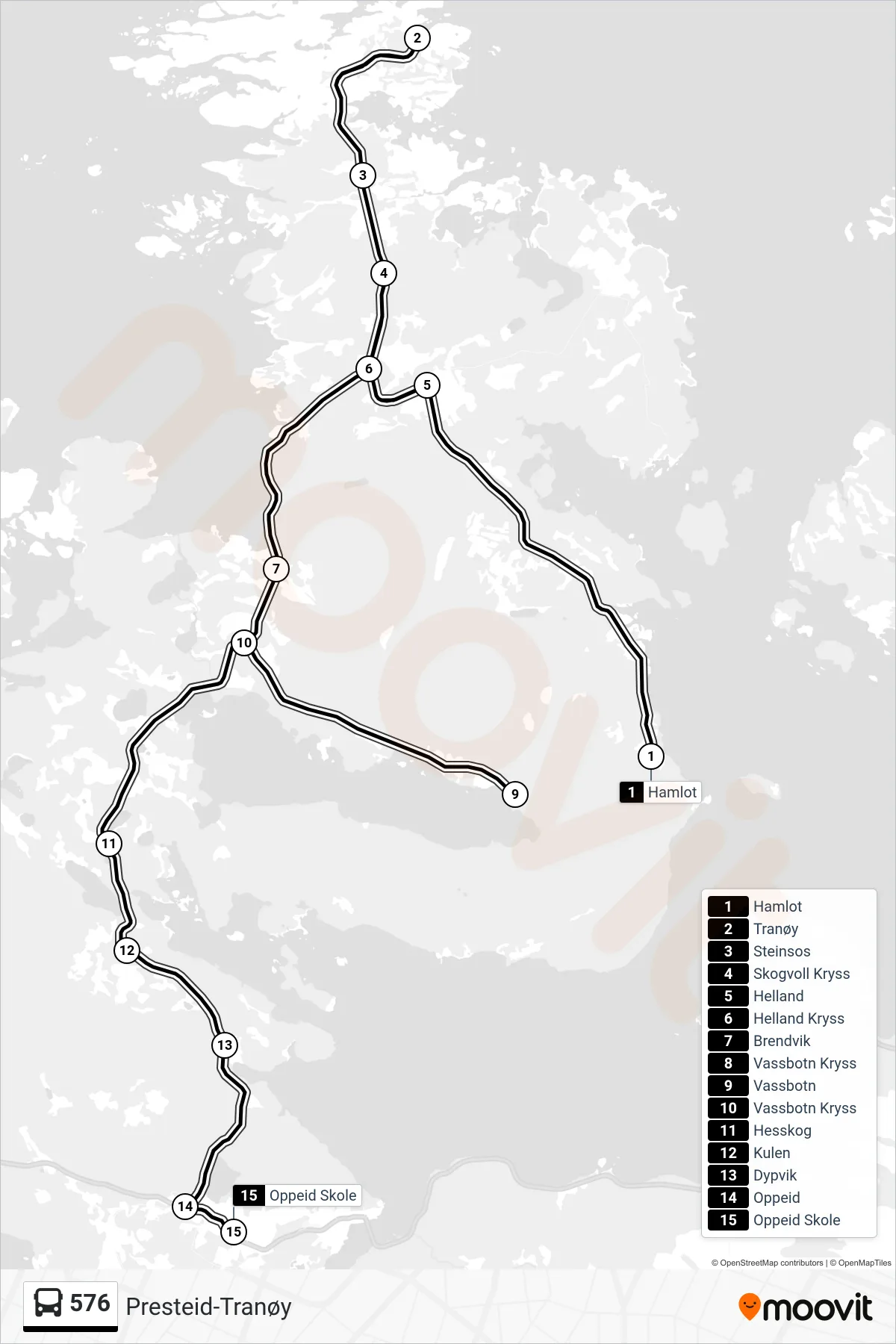 576 bus Line (Oppeid Skole) route and stops on a map