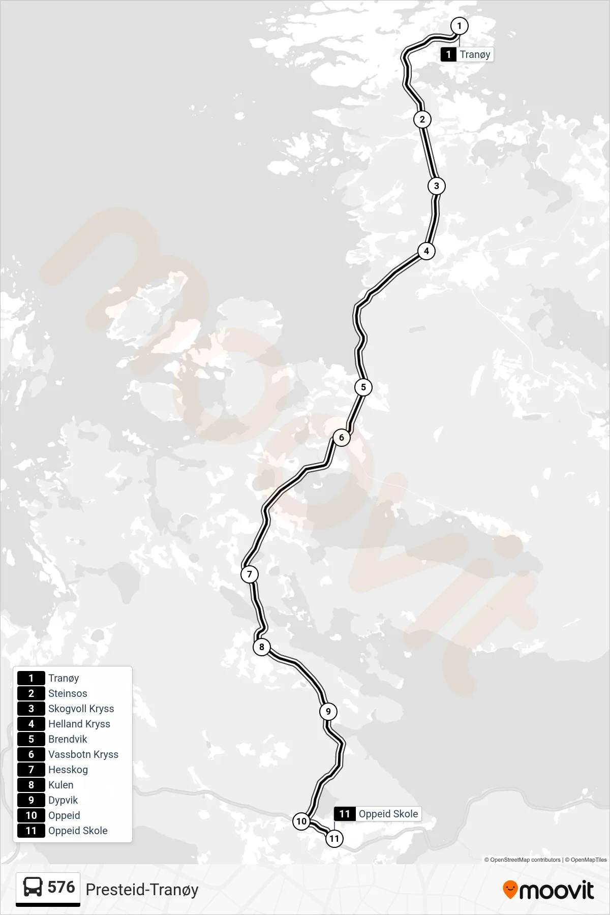 576 bus Line (Oppeid) route and stops on a map