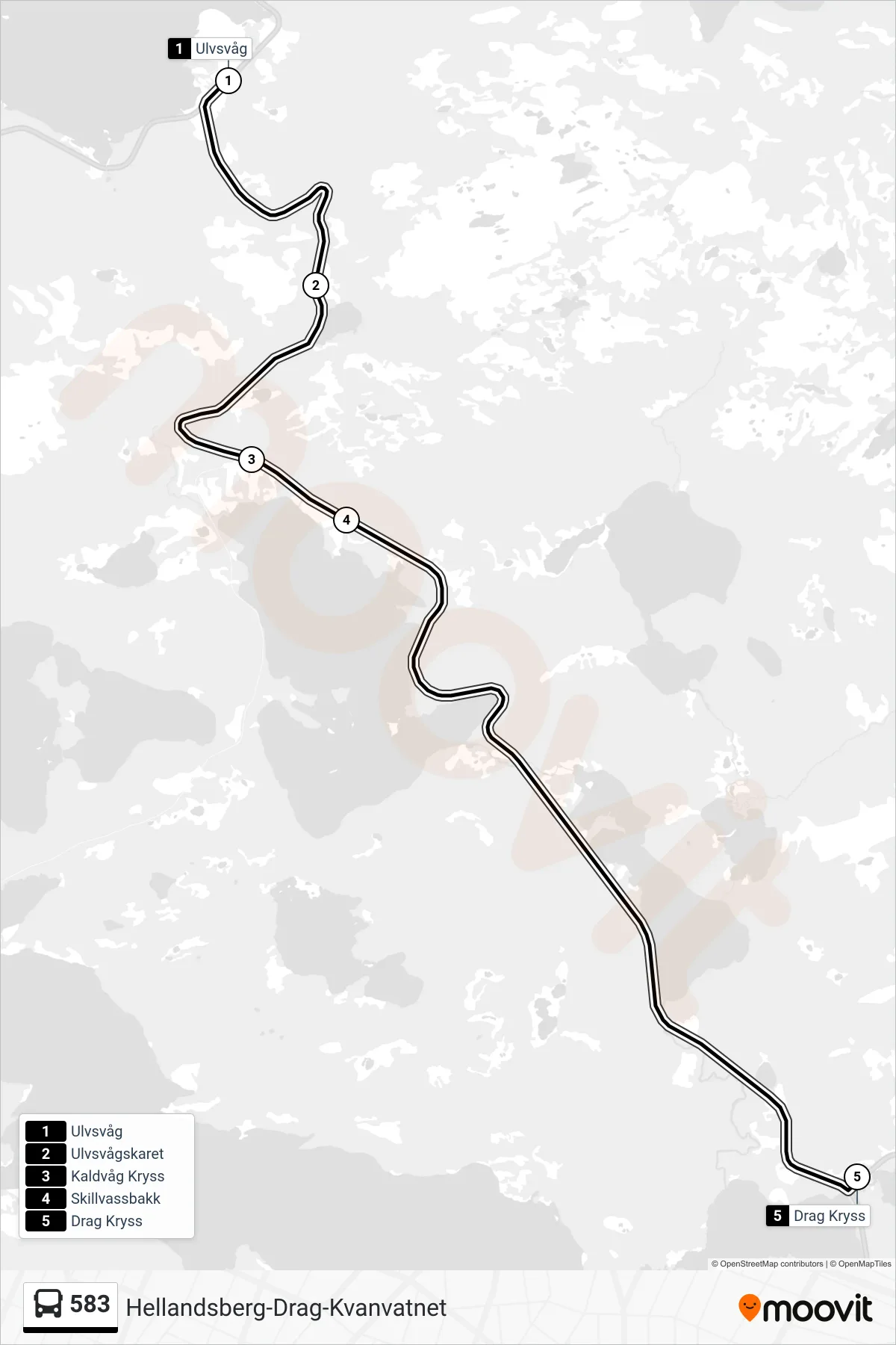 583 bus Line (Drag Kryss) route and stops on a map