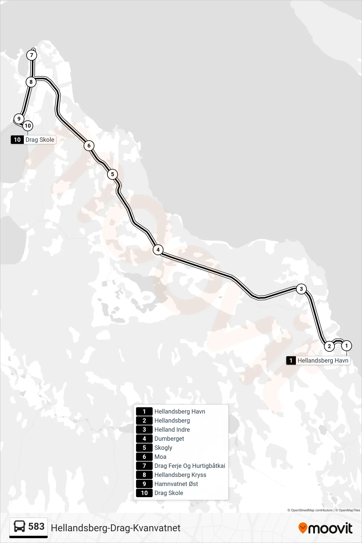 583 bus Line (Drag Skole) route and stops on a map