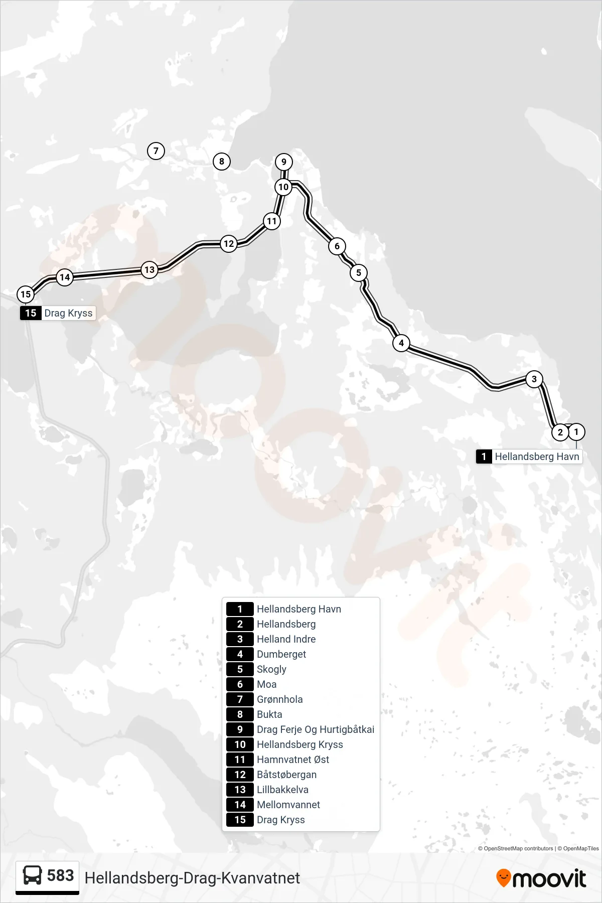 Rute og stopp på kart for linje 583 buss, Drag Kryss)
