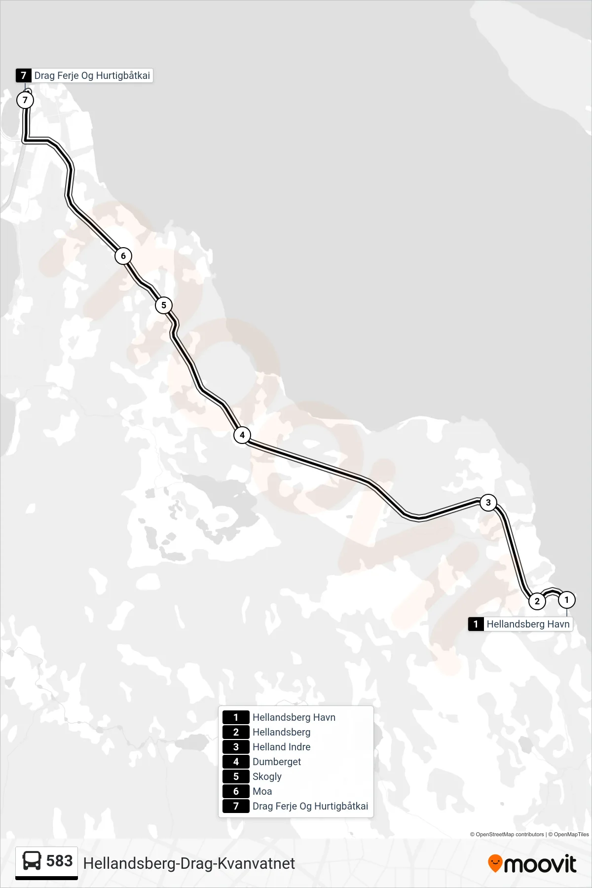 583 bus Line (Drag Ferje Og Hurtigbåtkai) route and stops on a map