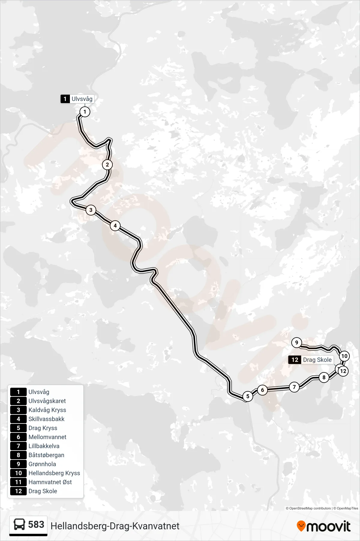 583 bus Line (Drag Skole) route and stops on a map