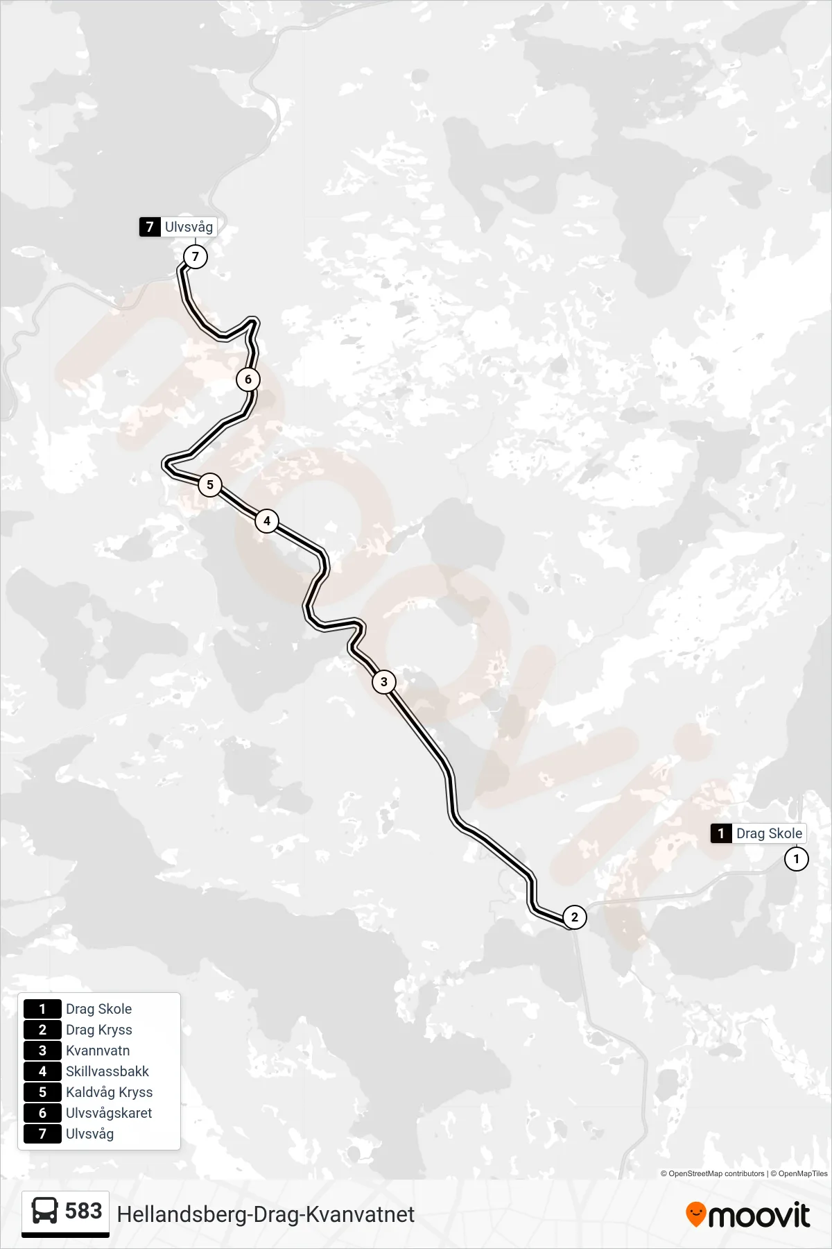 583 bus Line (Ulvsvåg) route and stops on a map