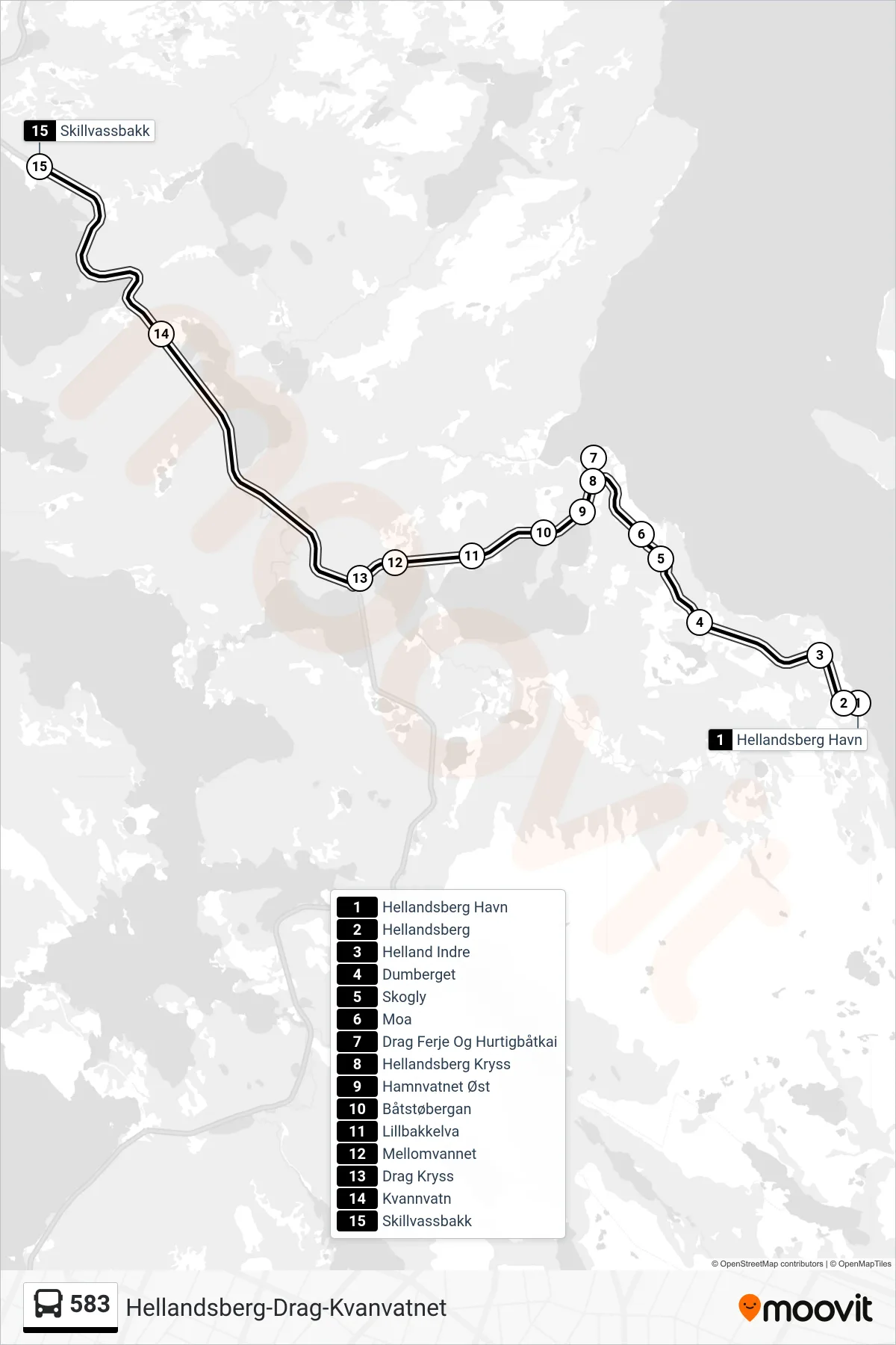 583 bus Line (Skillvassbakk) route and stops on a map