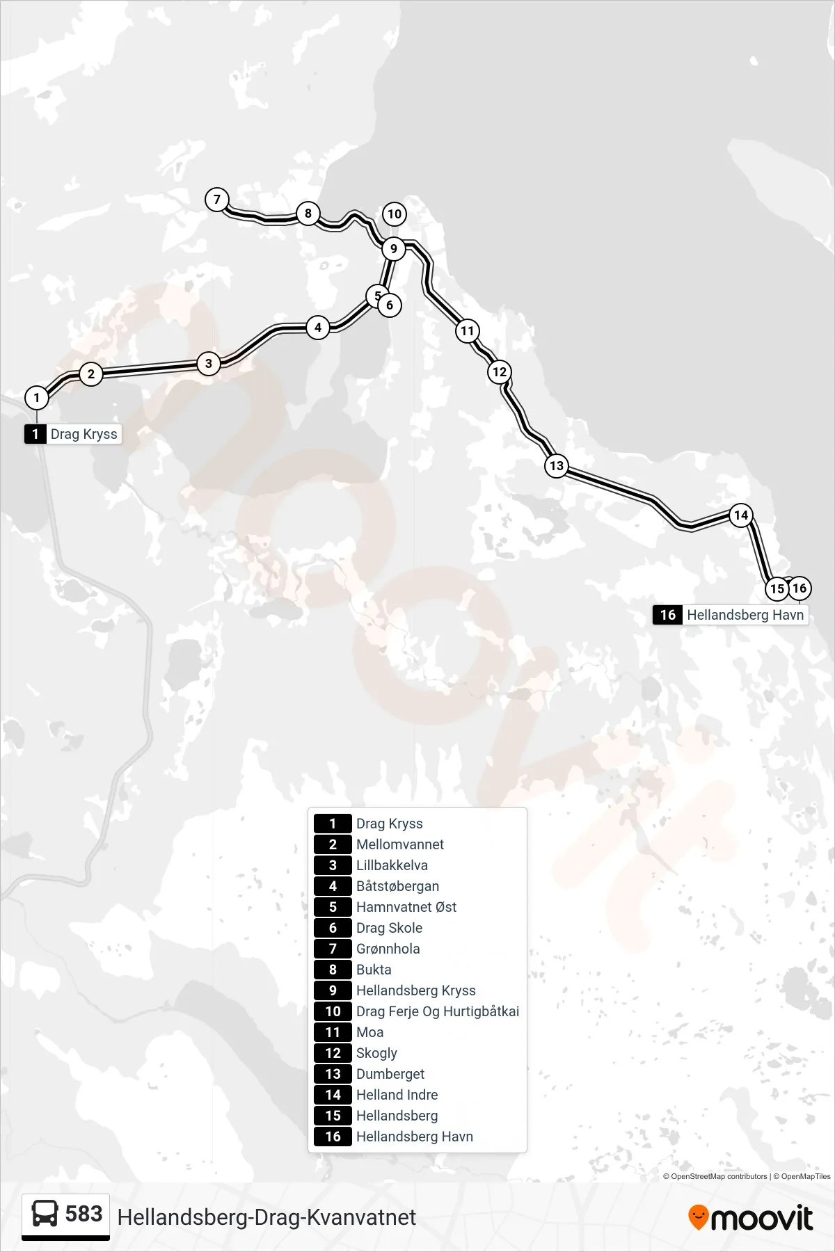 583 bus Line (Hellandsberg) route and stops on a map