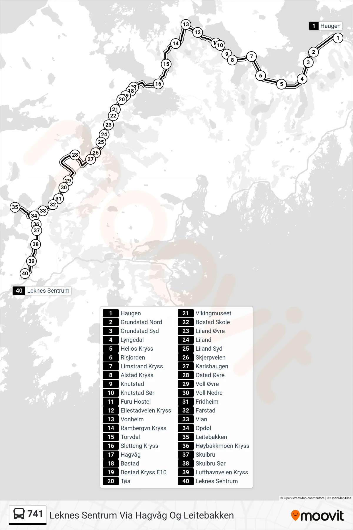 741 bus Line (Leknes Sentrum Via Hagvåg Og Leitebakken) route and stops on a map