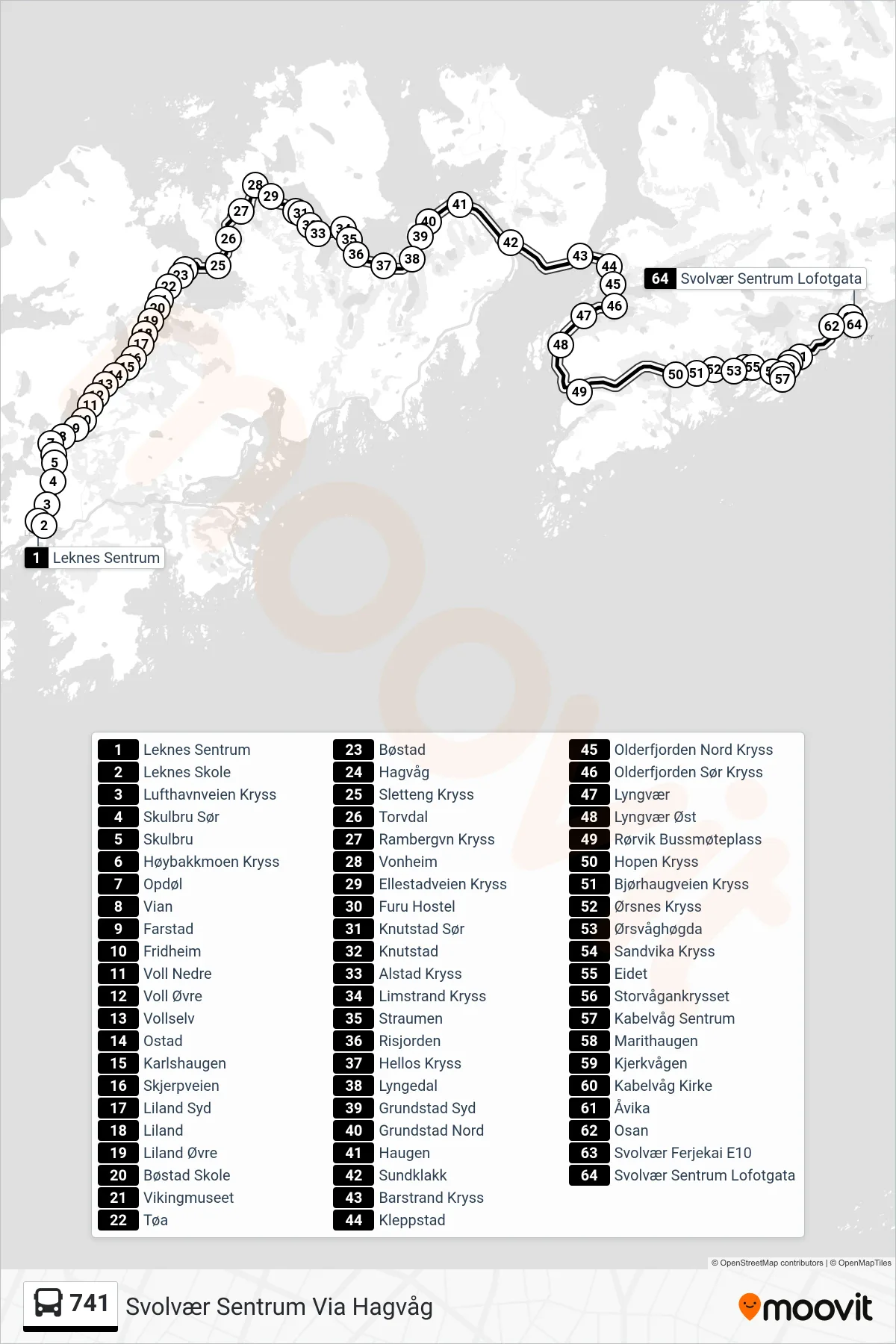 741 bus Line (Svolvær Sentrum Via Hagvåg) route and stops on a map