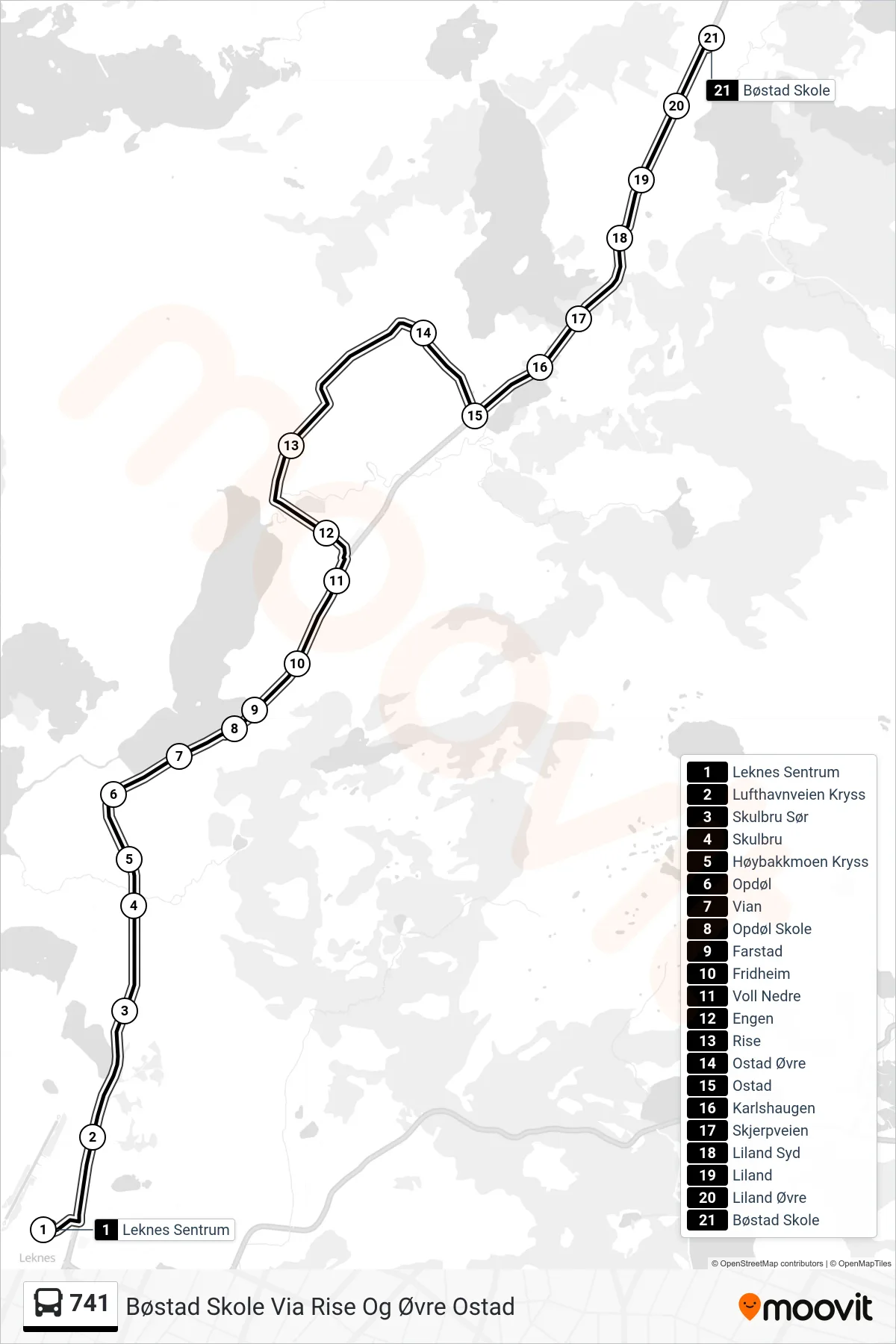 741 bus Line (Bøstad Skole Via Rise Og Øvre Ostad) route and stops on a map