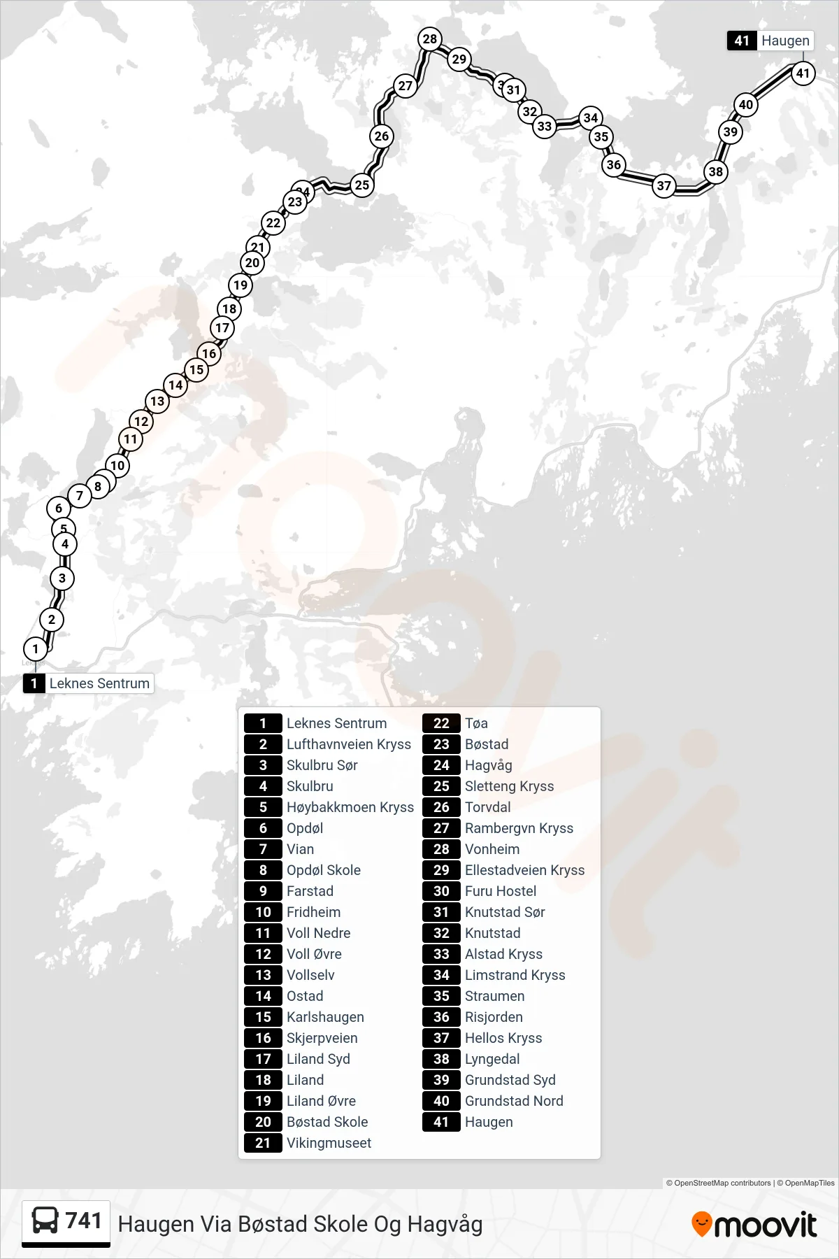 Rute og stopp på kart for linje 741 buss, Haugen Via Bøstad Skole Og Hagvåg)