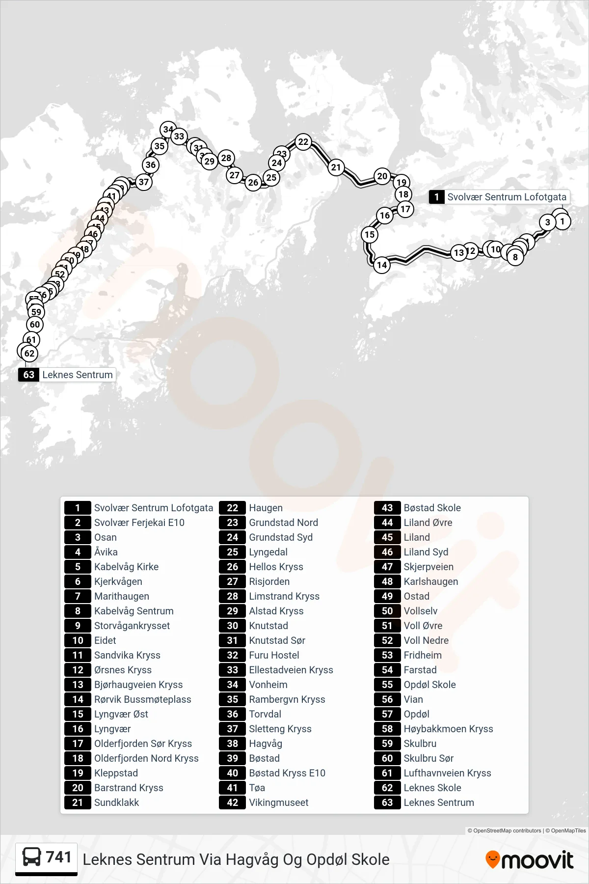 741 bus Line (Leknes Sentrum Via Hagvåg Og Opdøl Skole) route and stops on a map