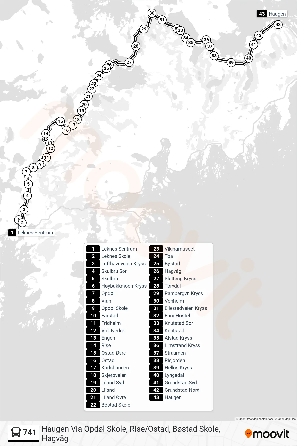 741 bus Line (Haugen Via Opdøl Skole, Rise/Ostad, Bøstad Skole, Hagvåg) route and stops on a map