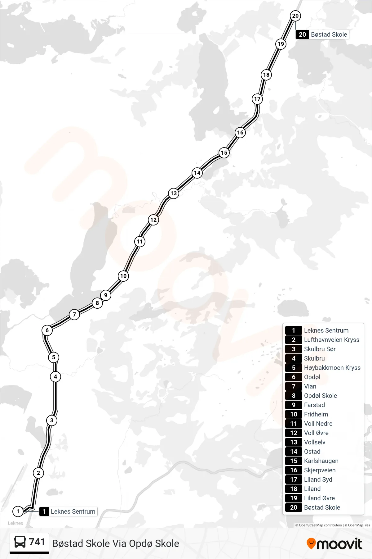 741 bus Line (Bøstad Skole Via Opdø Skole) route and stops on a map