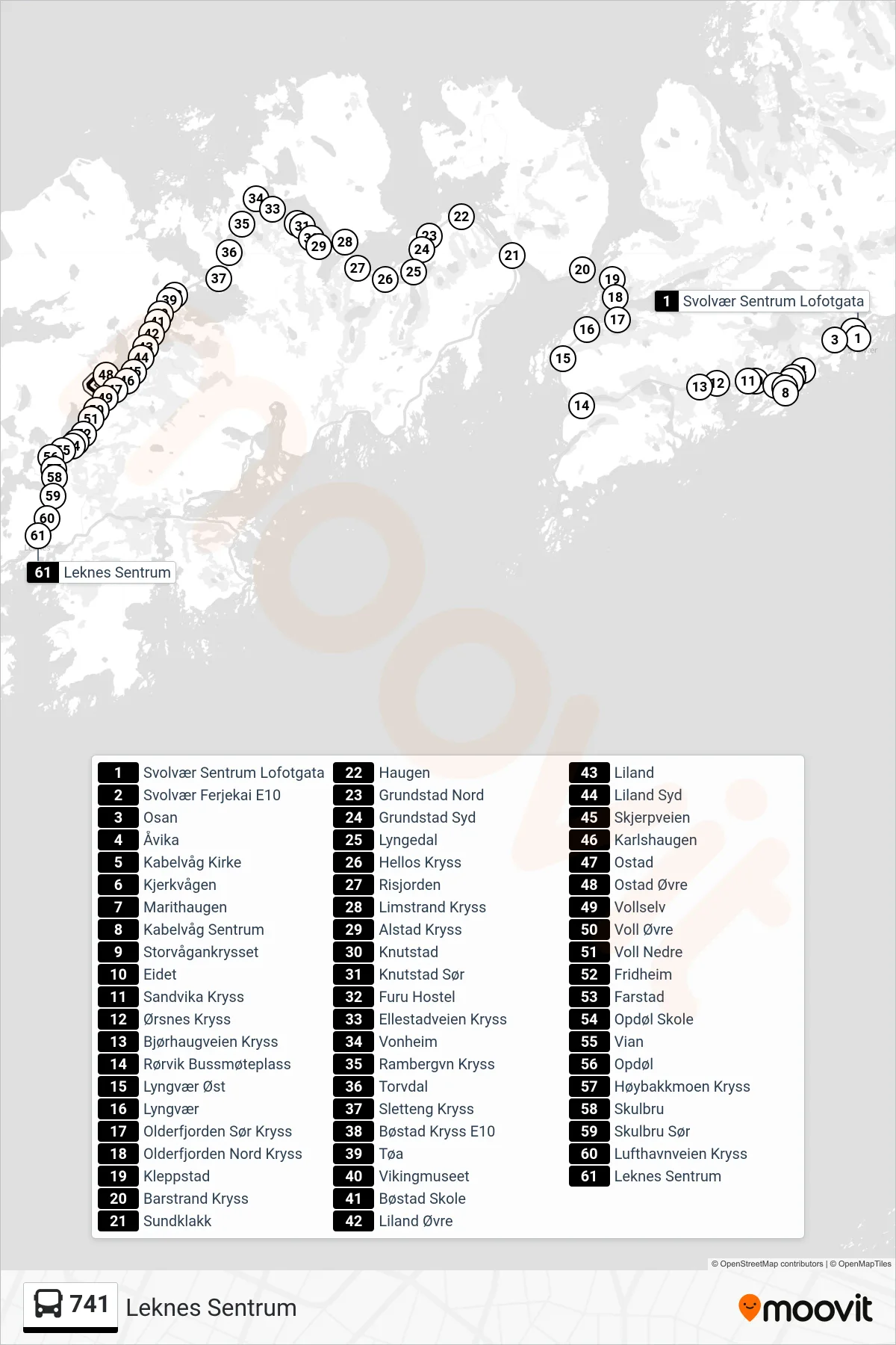 741 bus Line (Leknes Sentrum) route and stops on a map