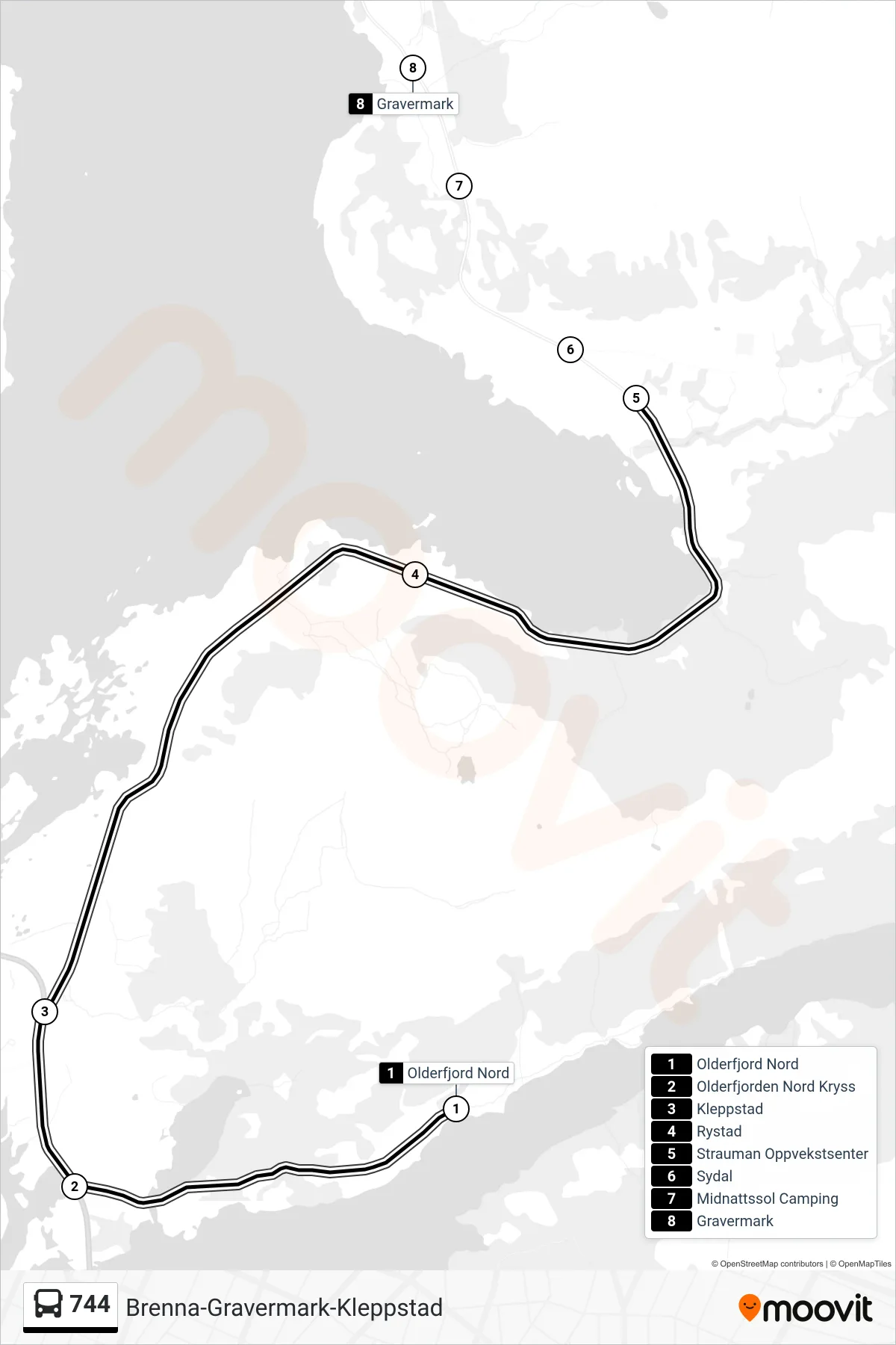 744 bus Line (Sydal Skole) route and stops on a map