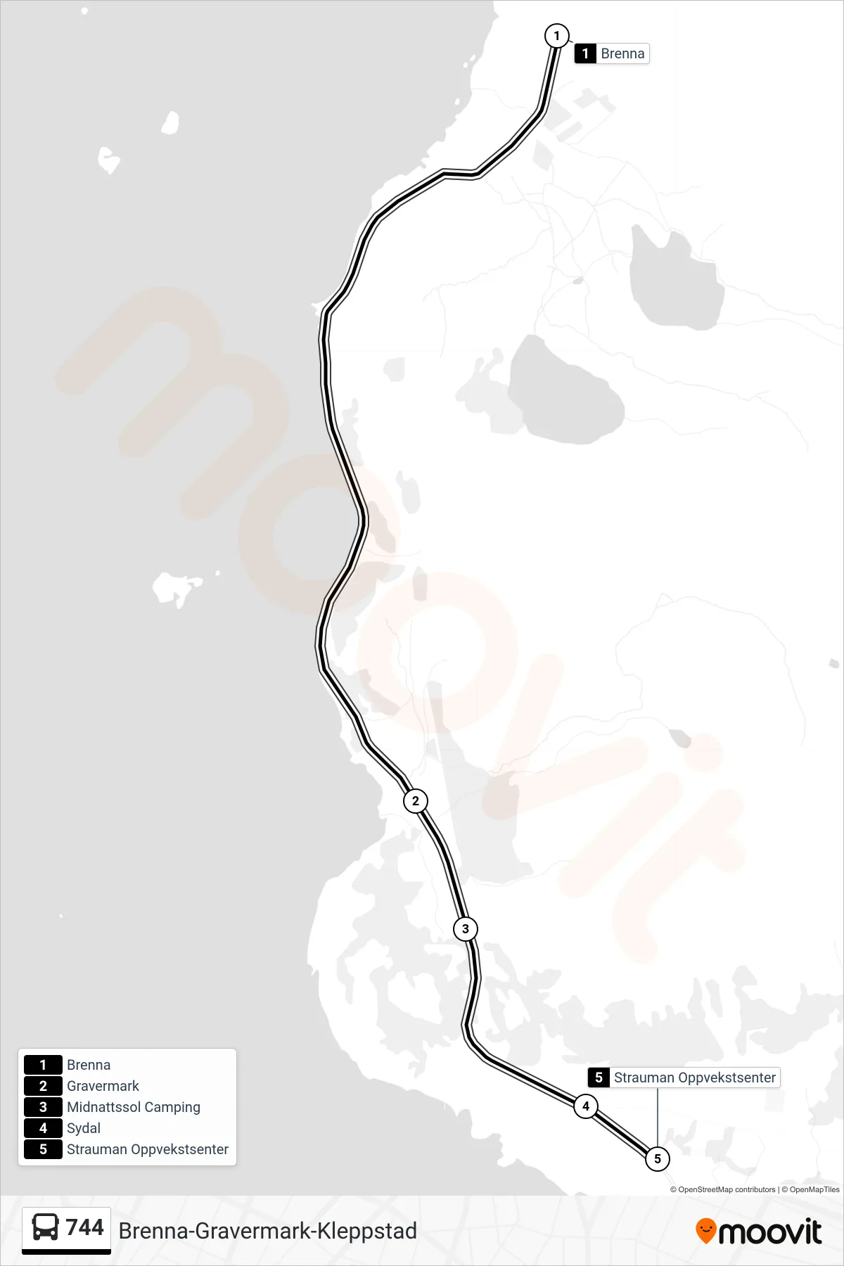 744 bus Line (Sydal Skole) route and stops on a map