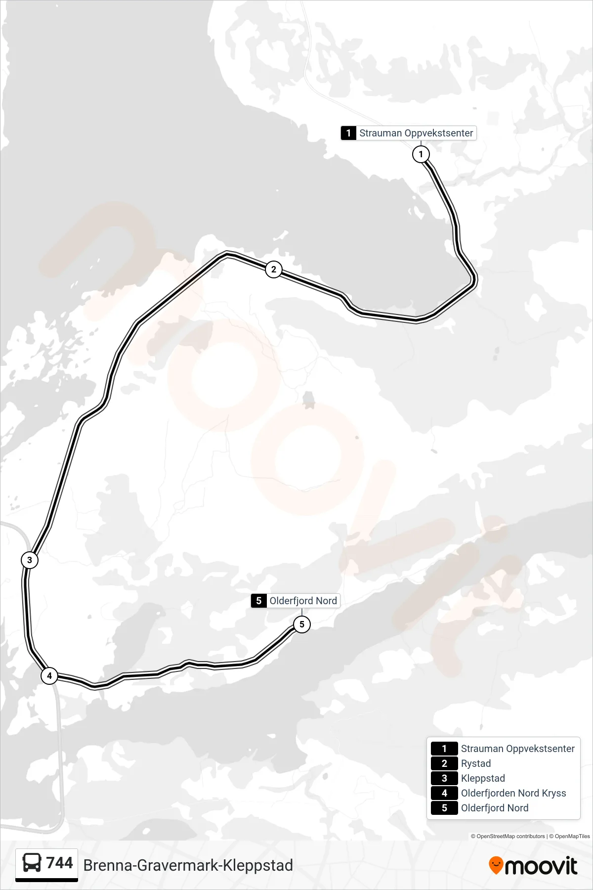 Rute og stopp på kart for linje 744 buss, Olderfjord Nord)