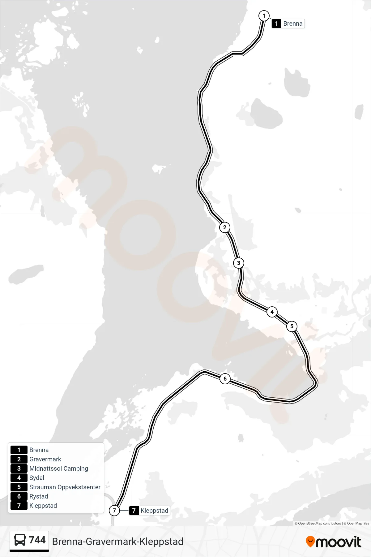 744 bus Line (Kleppstad) route and stops on a map