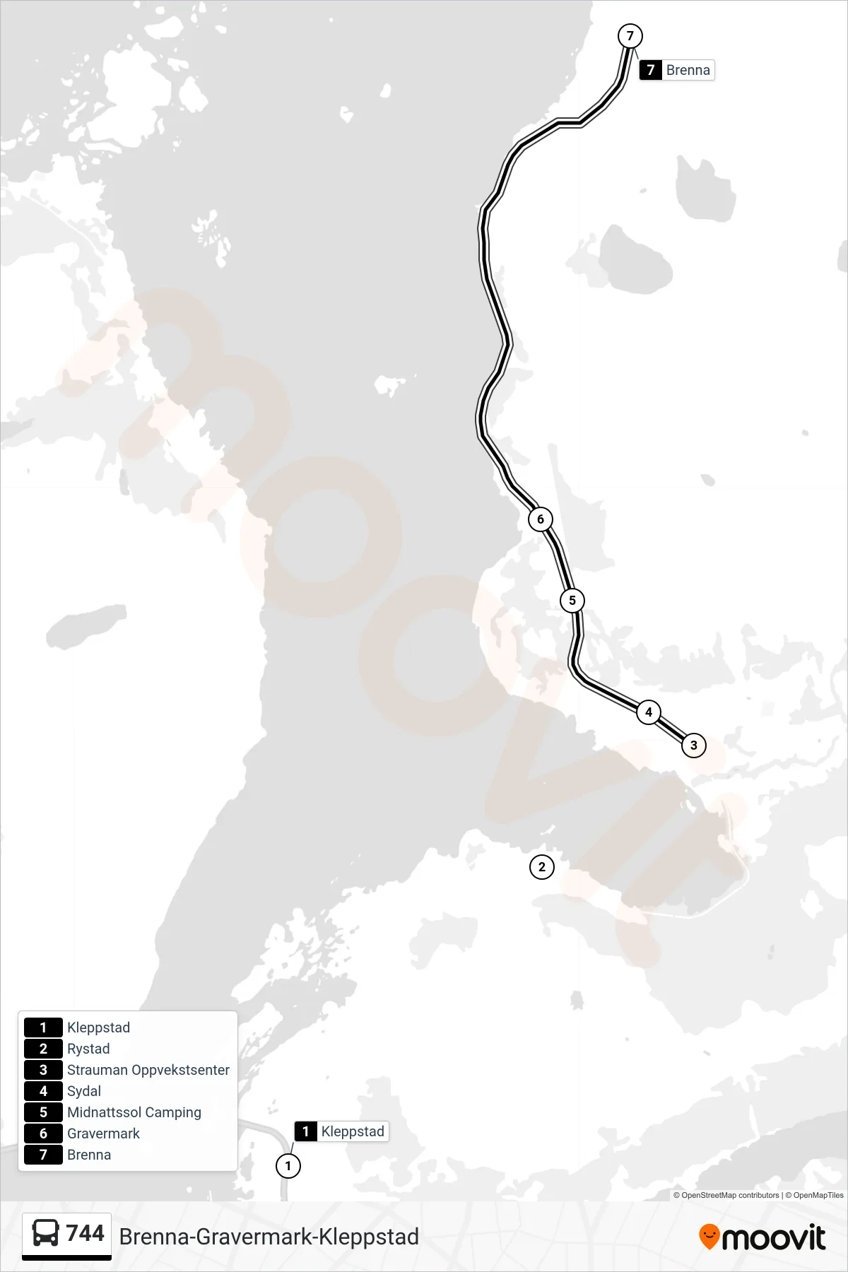 744 bus Line (Brenna) route and stops on a map